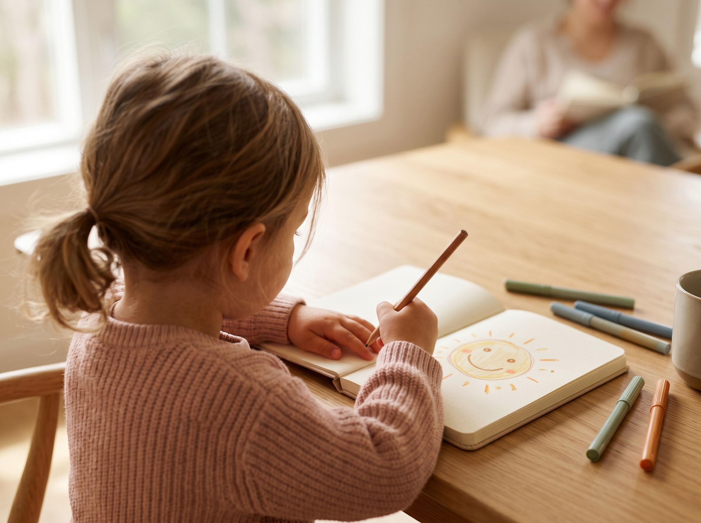 Child's hands holding a pencil over an open journal with a simple drawing of a smiling face