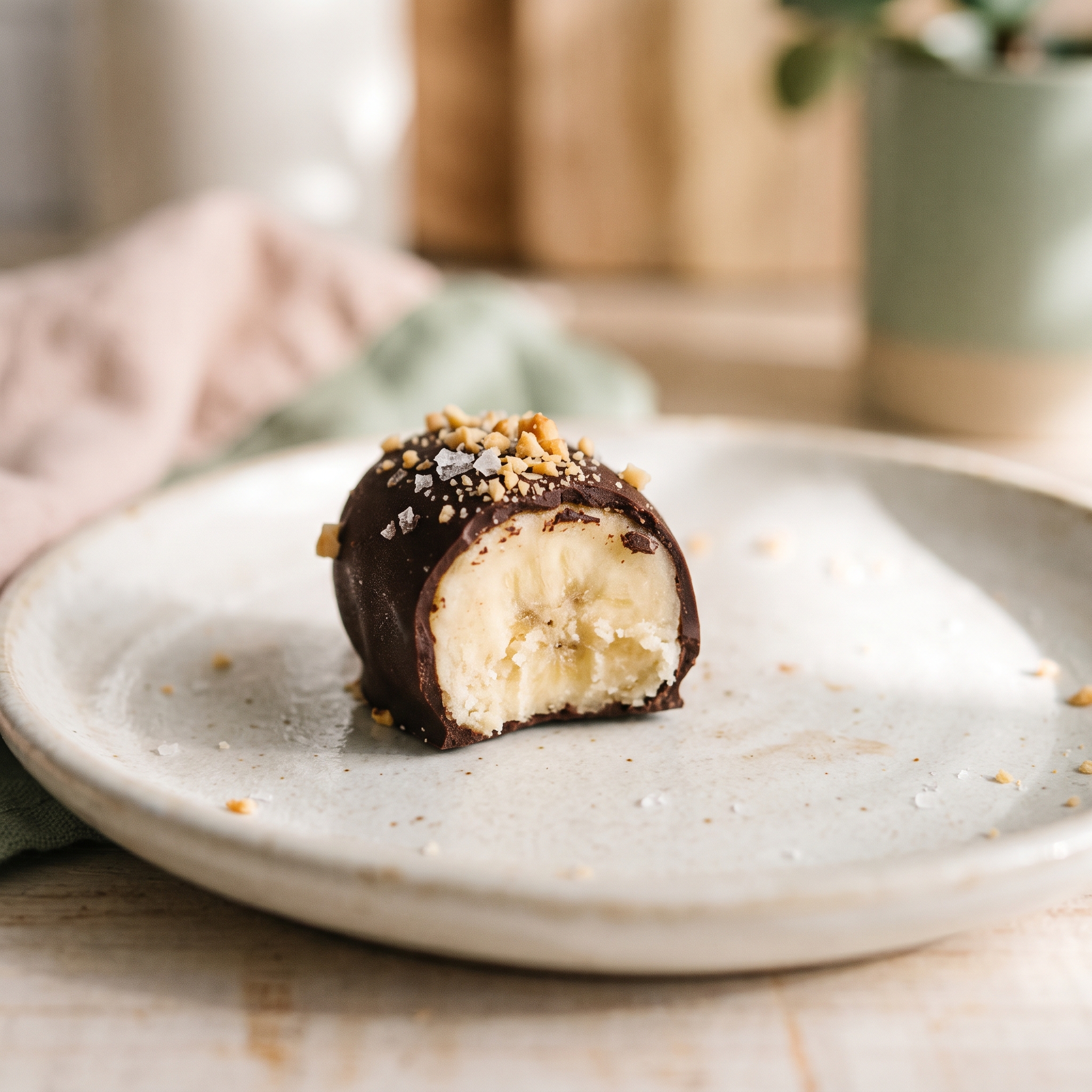 Single chocolate covered banana bite with sea salt and crushed peanuts on white surface