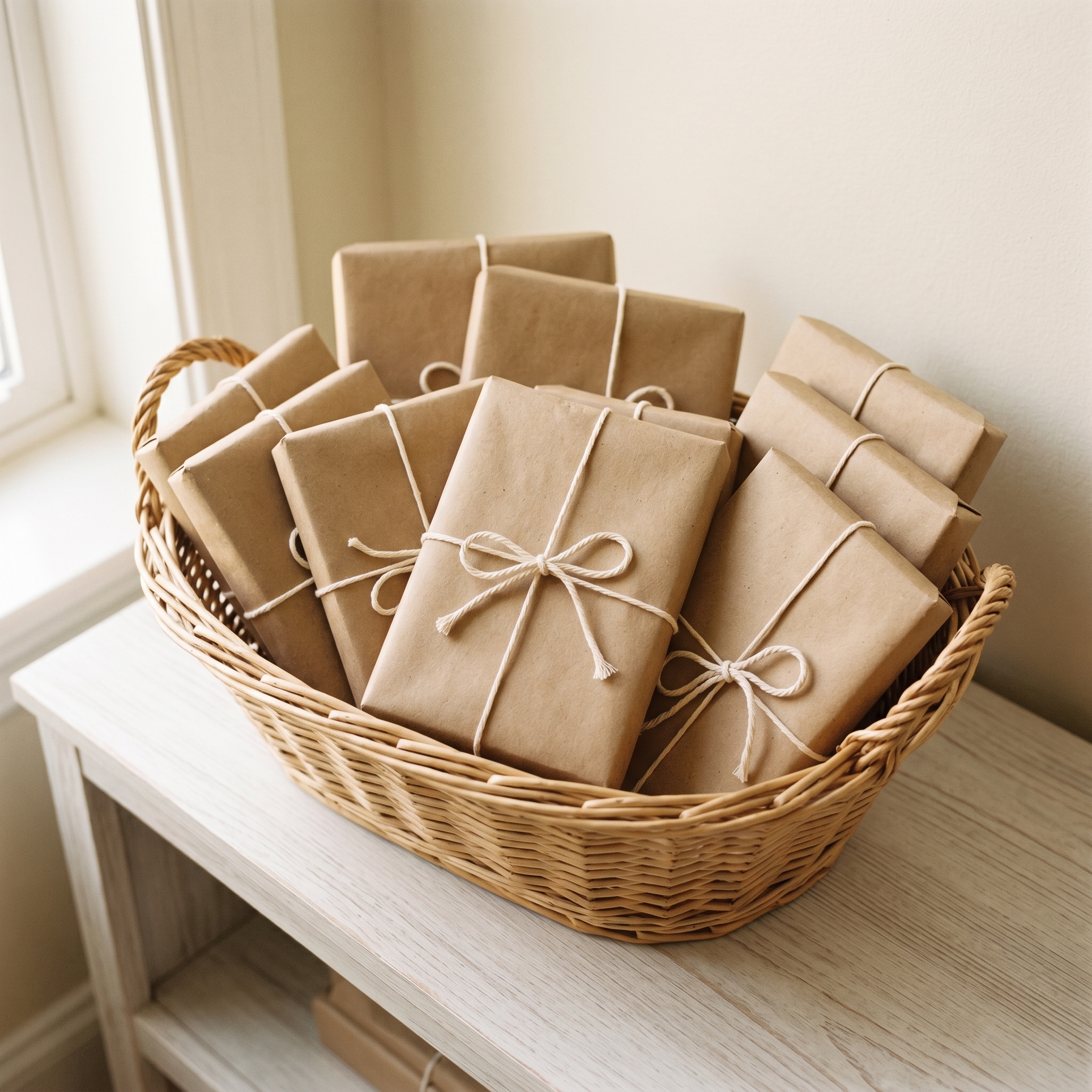 Wicker basket filled with wrapped Christmas books in kraft paper and twine, arranged on a cream wooden shelf