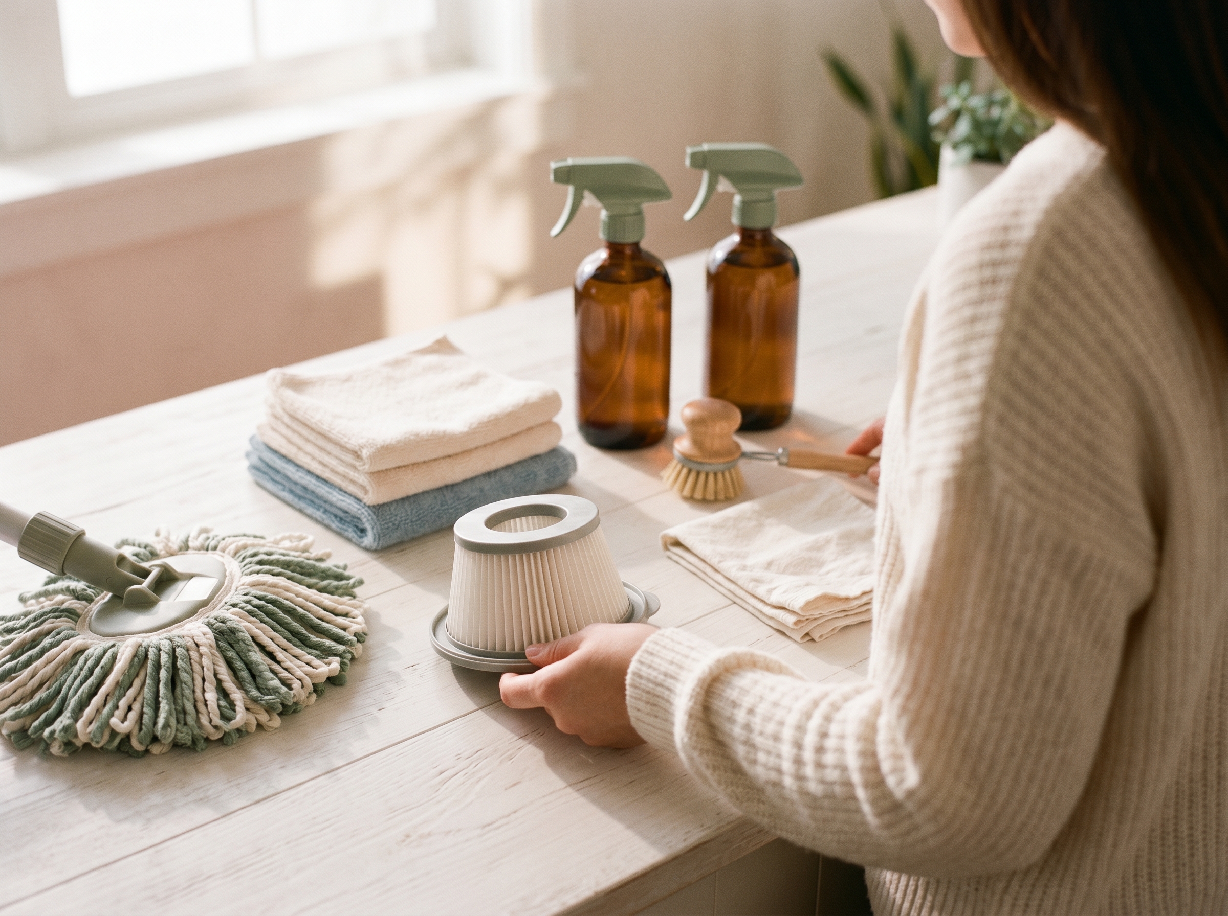 Hands preparing cleaning supplies: vacuum filter, mop, microfiber cloths, and spray bottles on kitchen counter