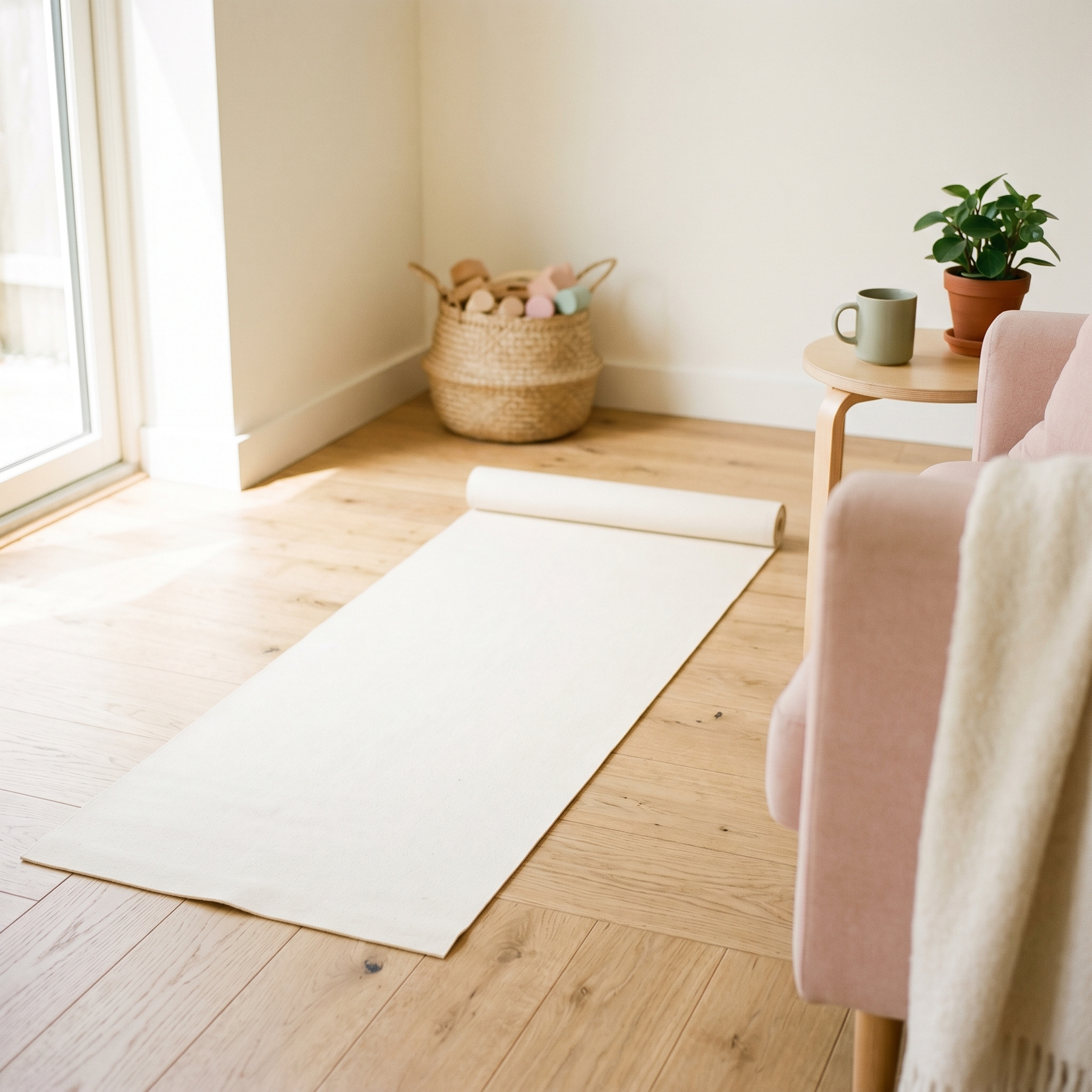 A clear 6x6 foot patch of light wood floor in a living room, ready for exercise, with soft natural light