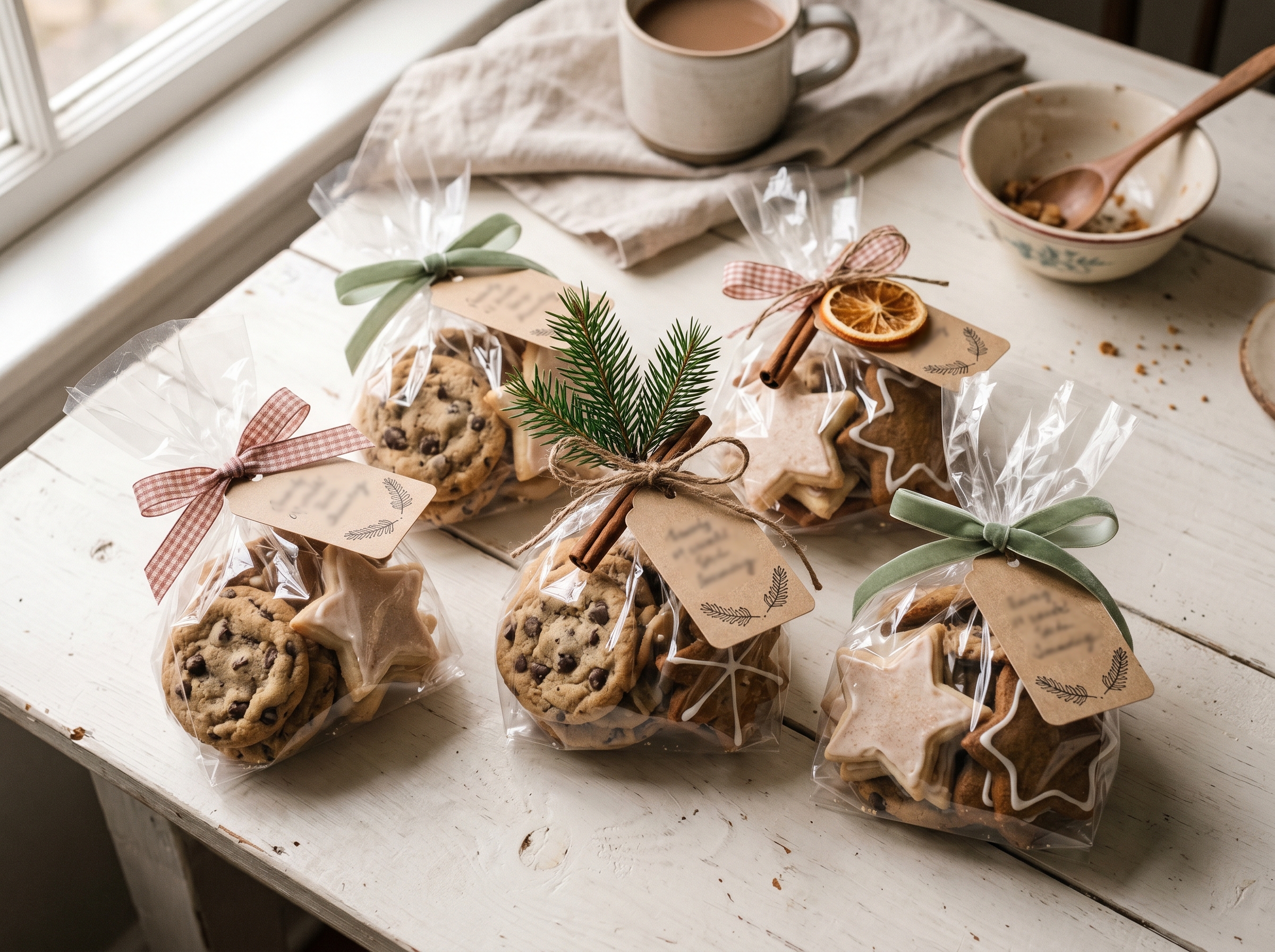 Cellophane bags of assorted homemade cookies tied with twine and kraft labels on a wooden table