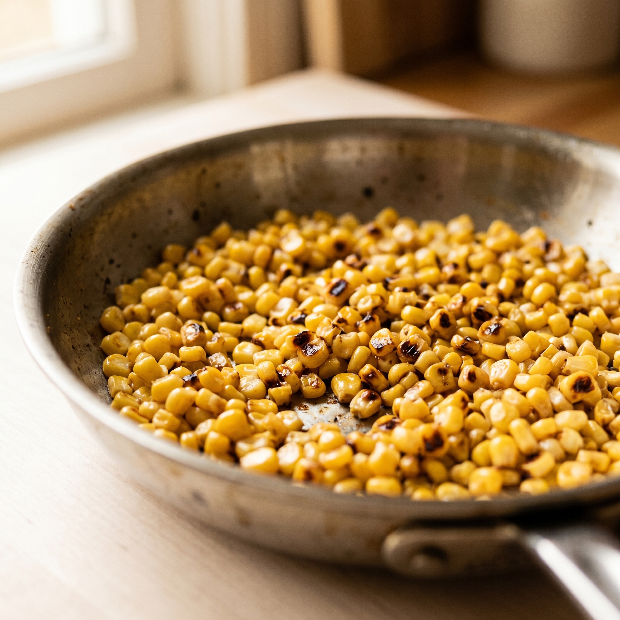 Fresh corn kernels with charred edges in a stainless steel skillet over high heat