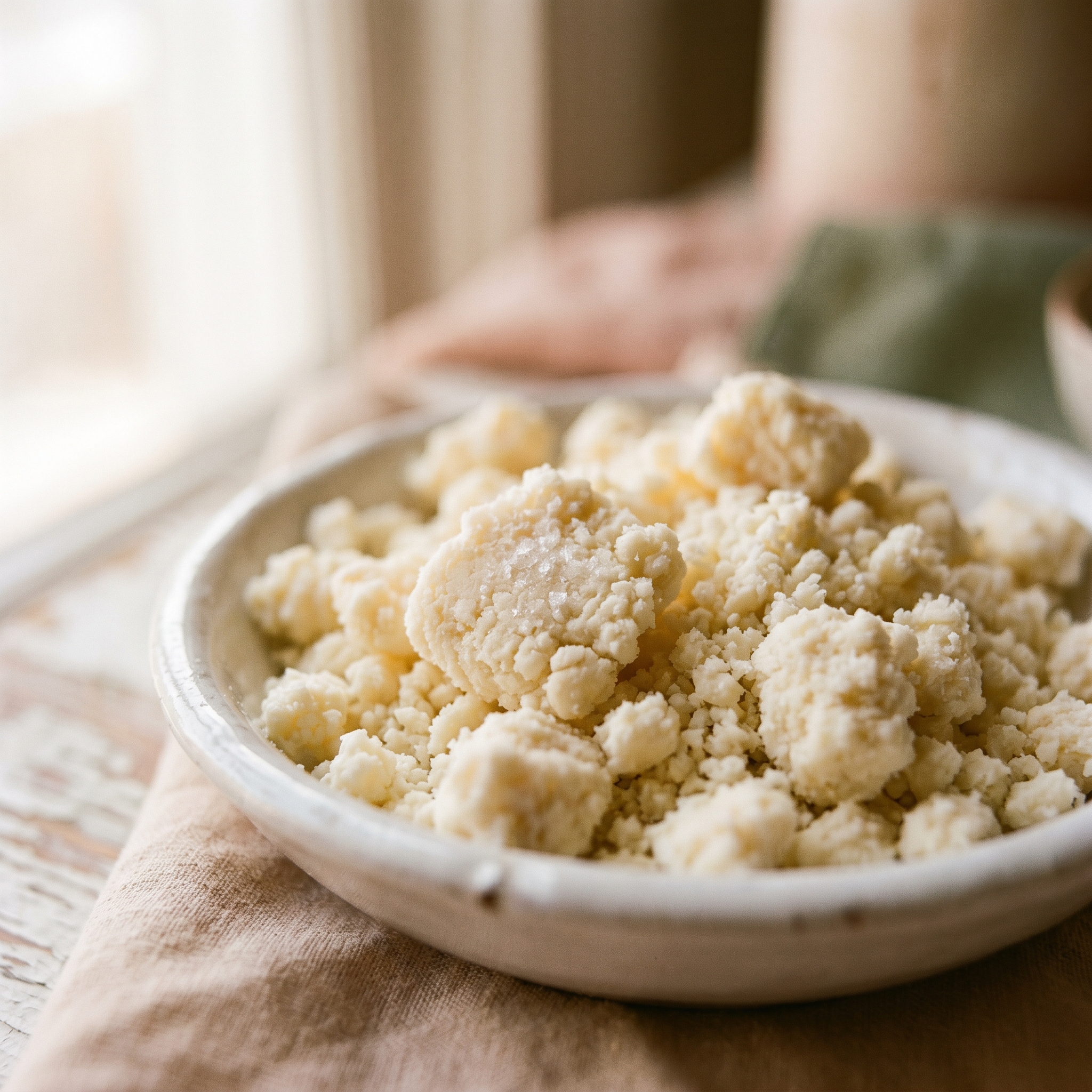 Crumbled white cotija cheese with visible salt crystals and dry texture on a small white plate