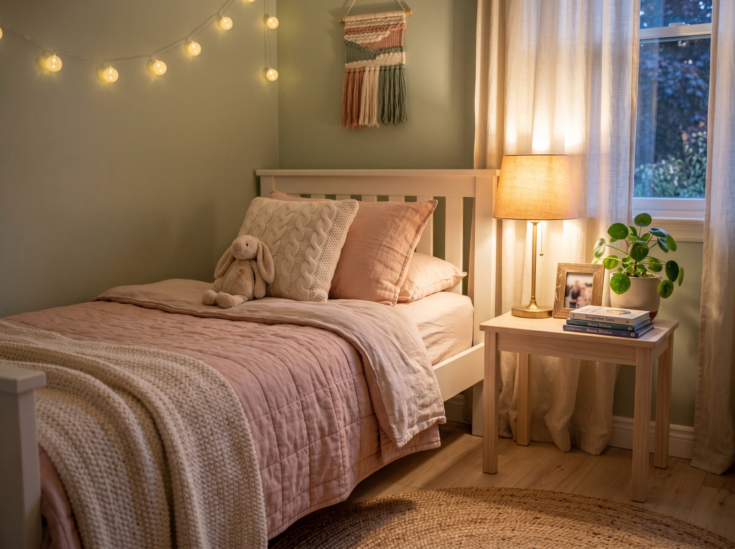 A child's bedroom corner with soft bedding, a small lamp, and a framed photo on a nightstand in warm evening light