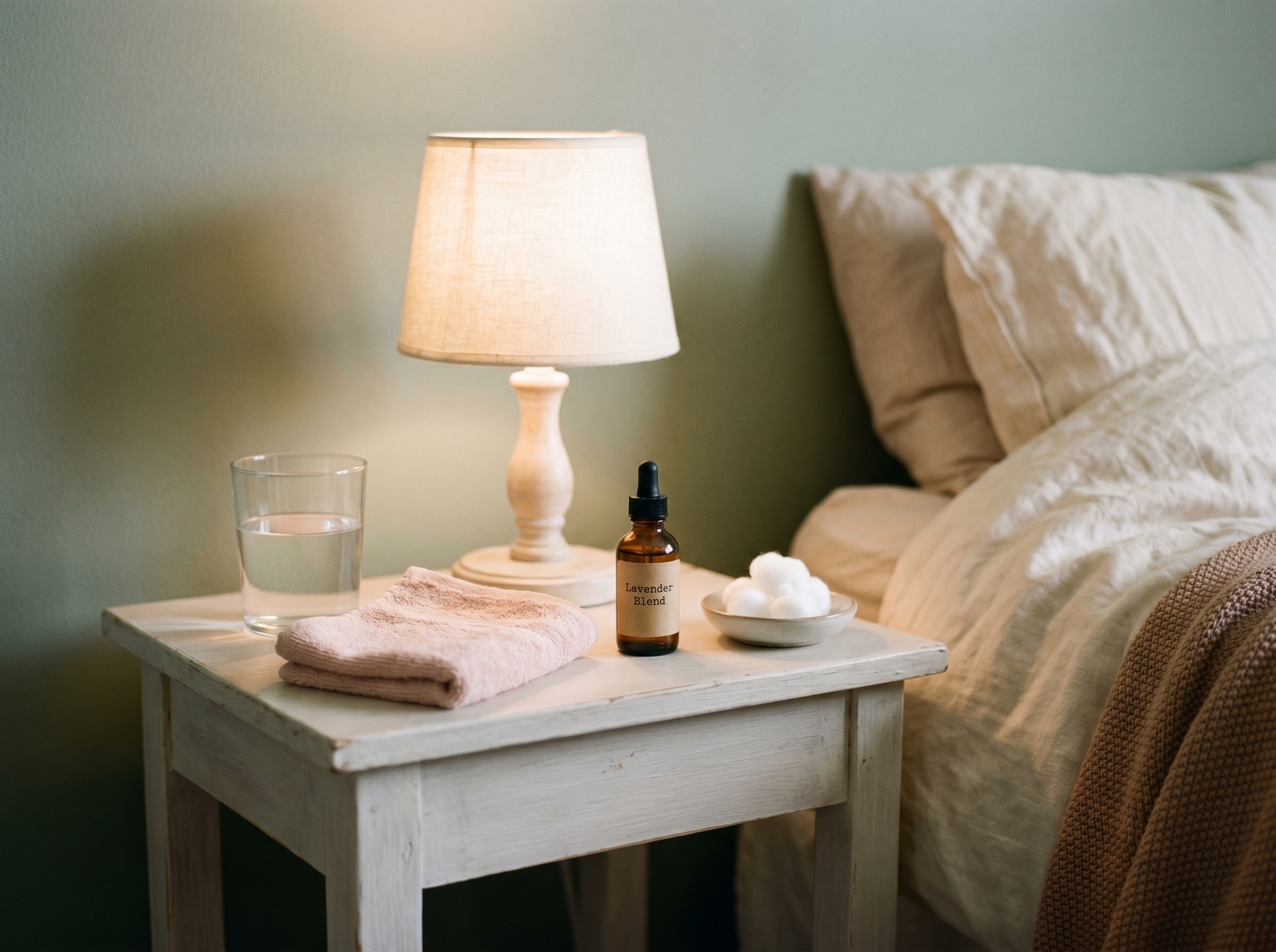 Bedside table with water glass, soft towel, remedy supplies, and warm lamp light on cream surface