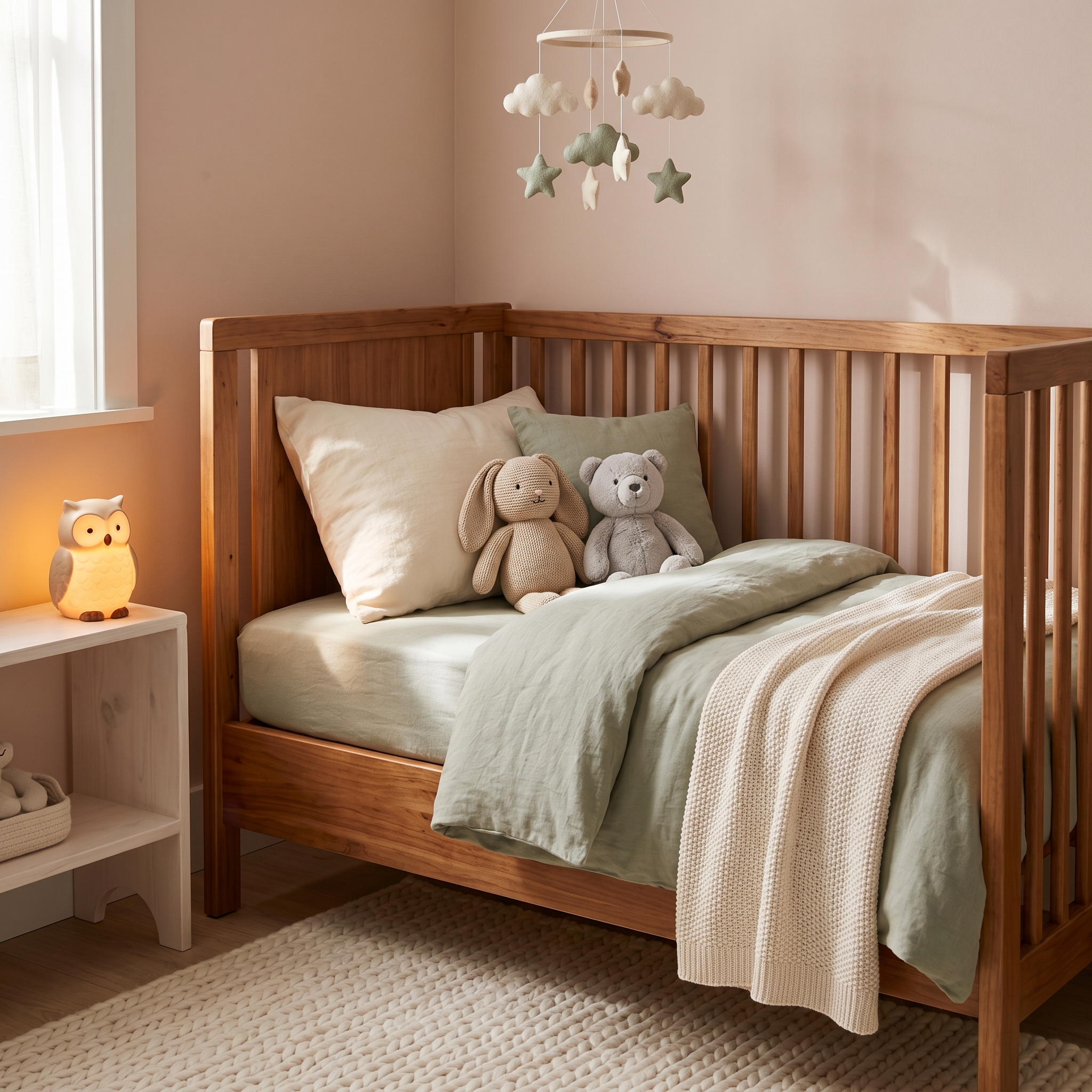Soft-lit nursery corner with crib, stuffed animals, and warm natural window light