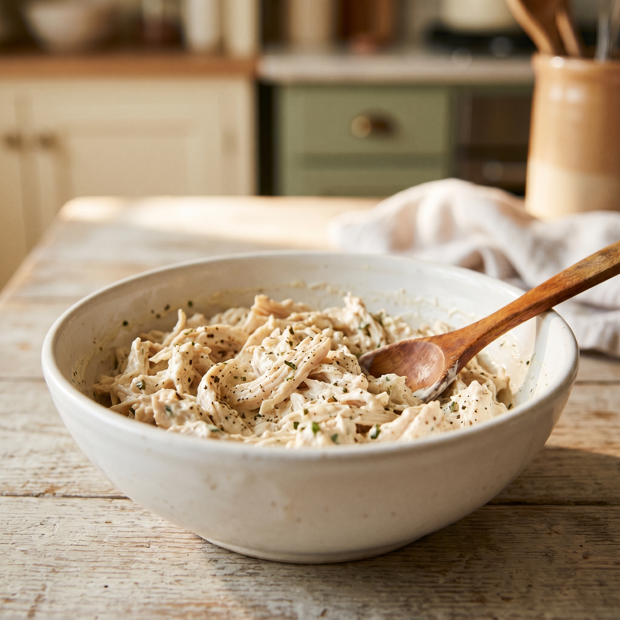 Shredded rotisserie chicken mixed with sour cream and spices in a white bowl
