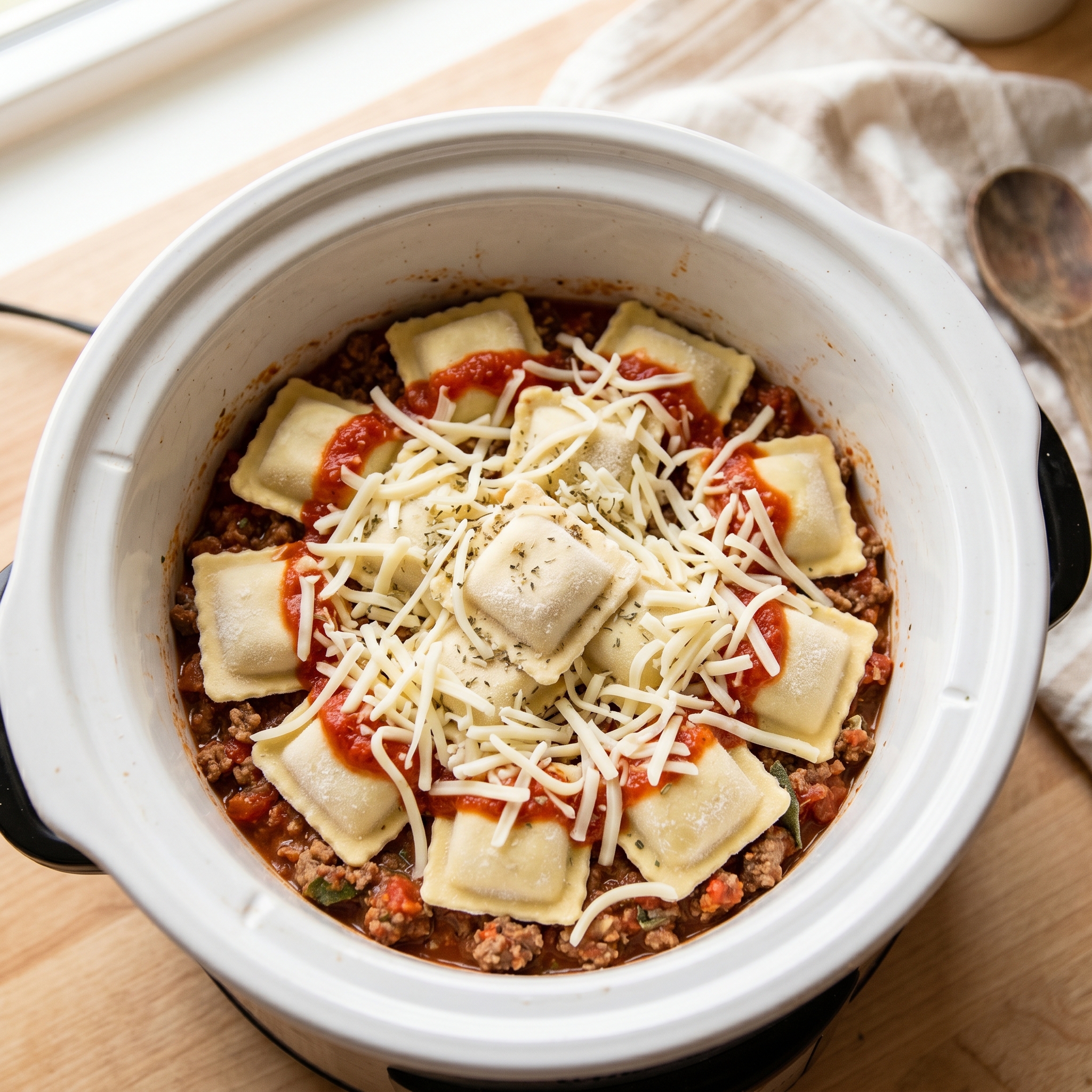 Layered crockpot ravioli with sauce, frozen ravioli, and mozzarella visible in slow cooker insert
