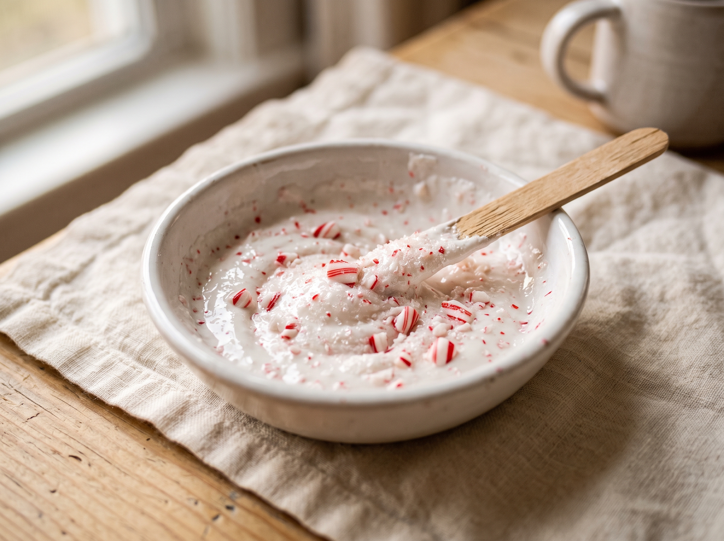 Close-up of white finger paint mixed with crushed candy cane pieces showing sparkly sugar crystals and fine peppermint dust