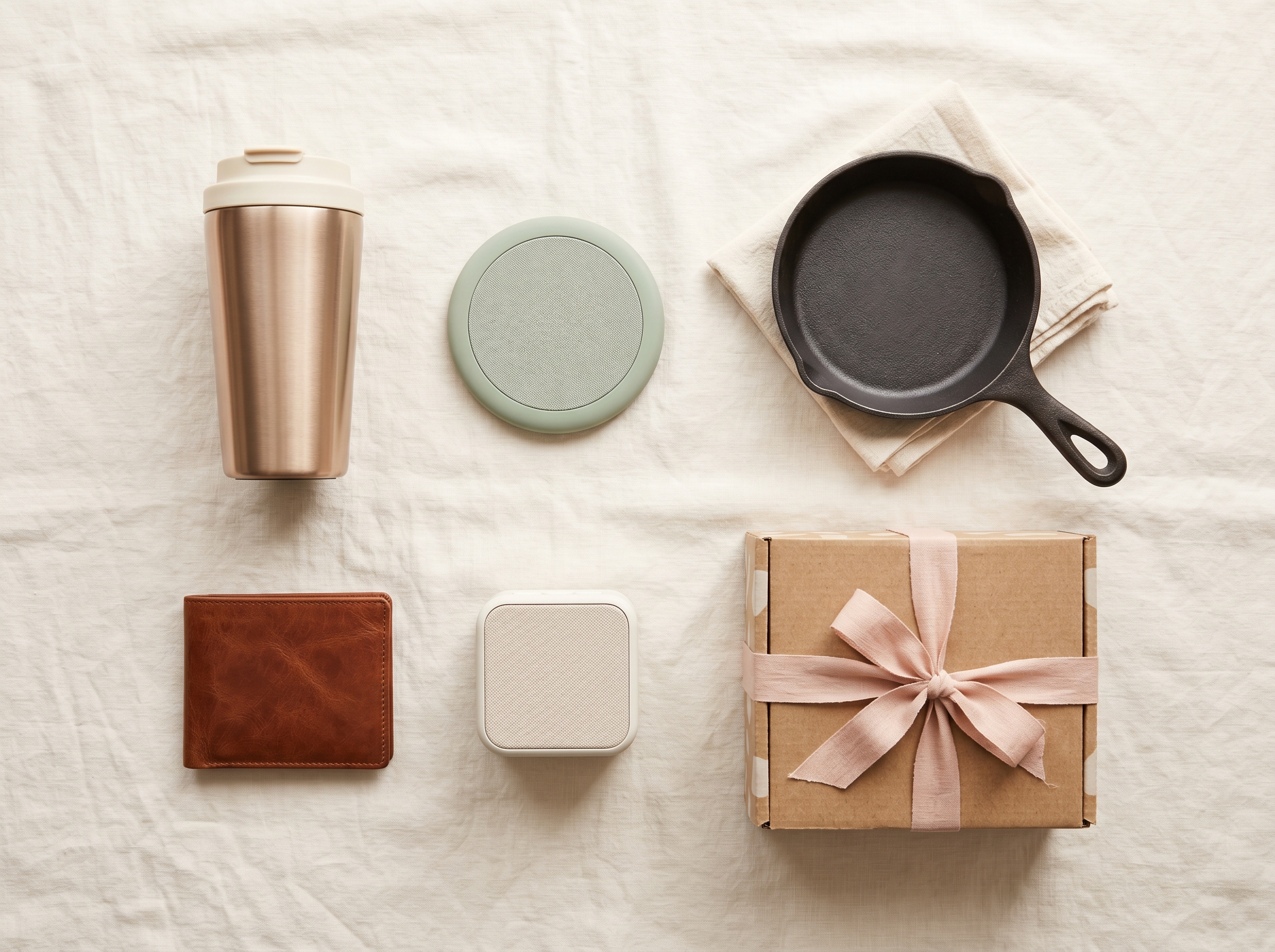 Practical gift items arranged on white background: travel mug, wireless charger, cast iron skillet, and leather wallet