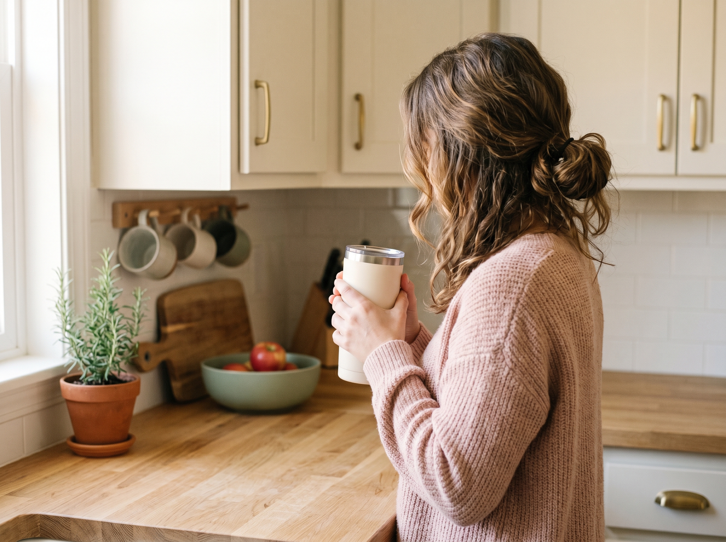 Person from behind holding insulated travel mug at kitchen counter in soft morning light