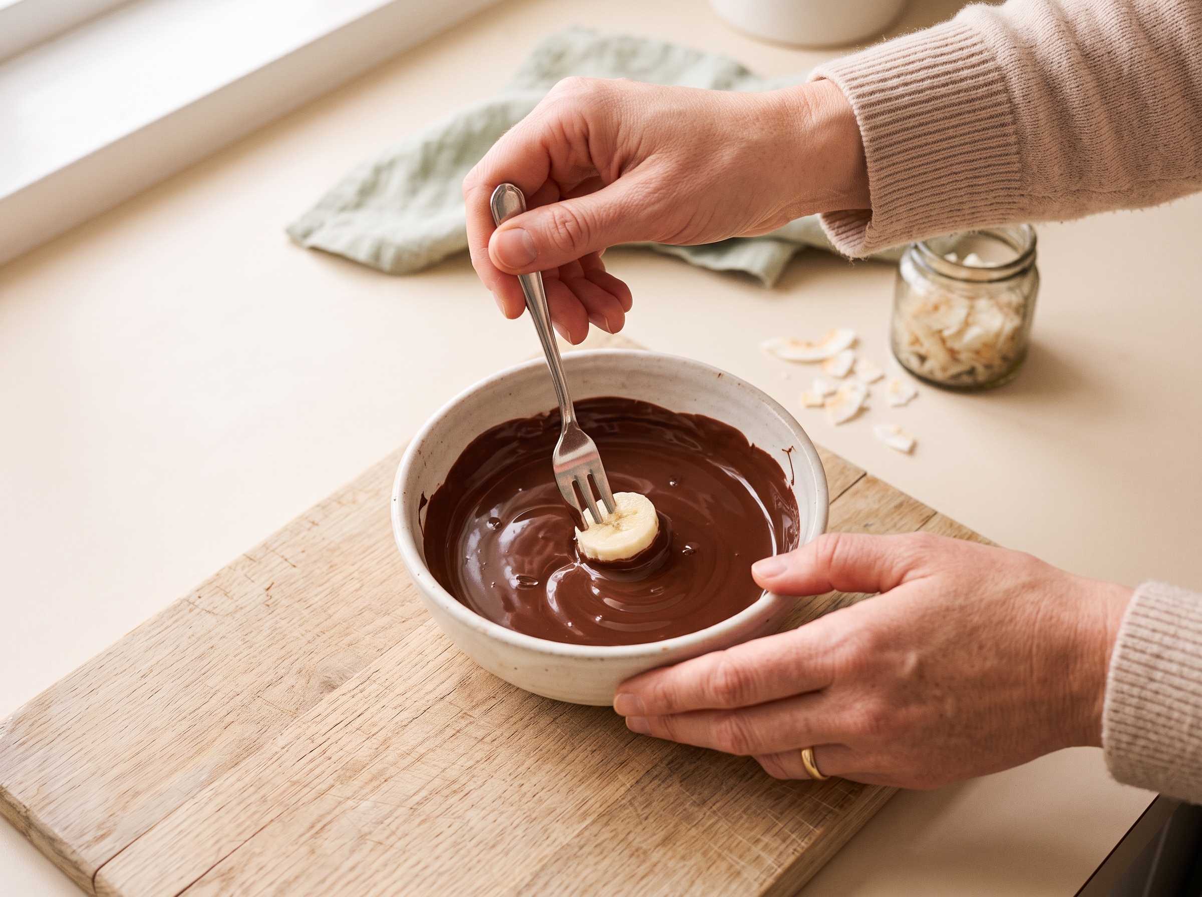 Hand dipping a banana slice into melted chocolate in a white bowl