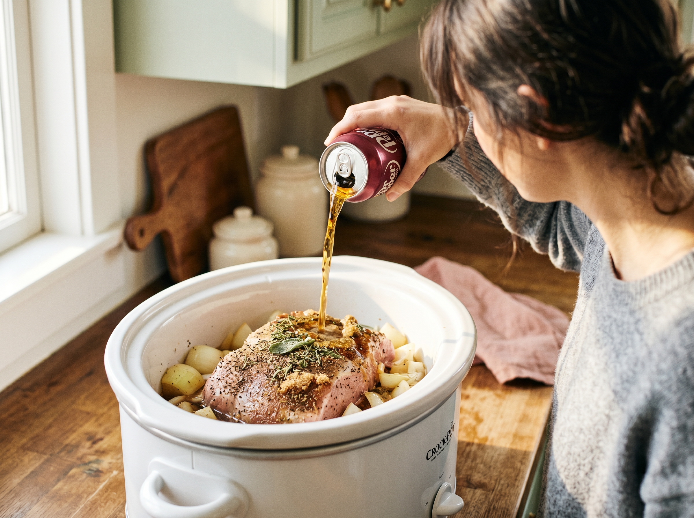 Two cans of Dr Pepper being poured over pork shoulder in slow cooker with onions