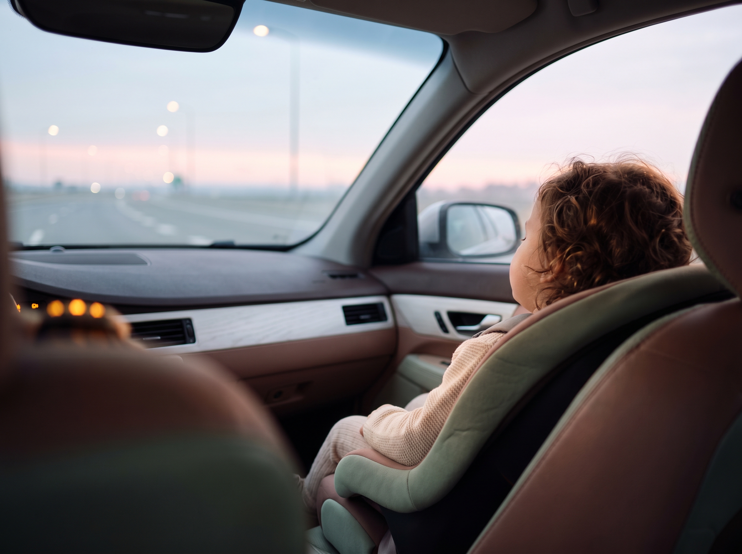 Child in car seat from behind, dawn light through windshield, packed car interior ready for departure