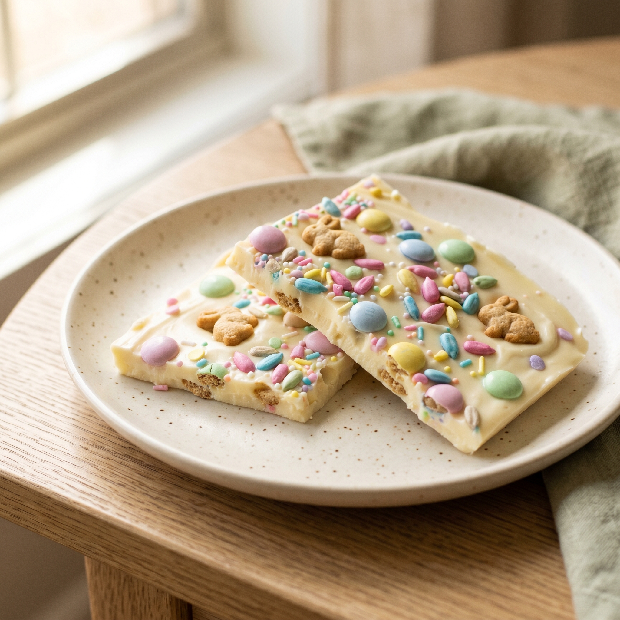 Close-up of broken Easter Bunny Bark pieces showing white chocolate, pastel candies, and bunny cracker details