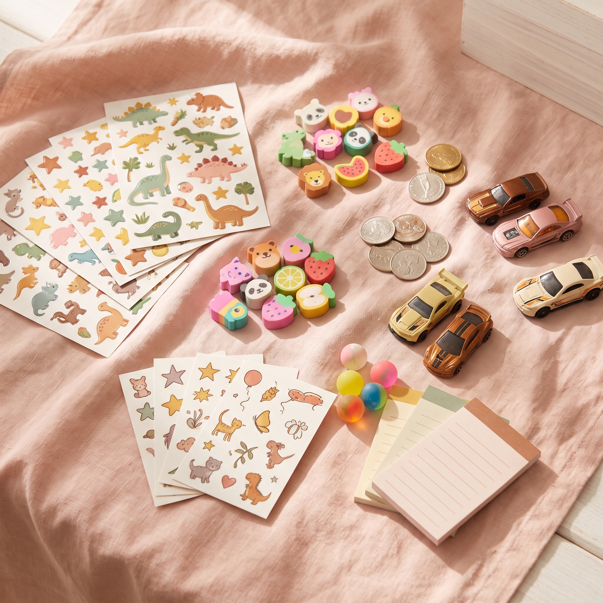 Assorted non-candy Easter egg fillers including colorful sticker sheets, mini erasers, small toys
