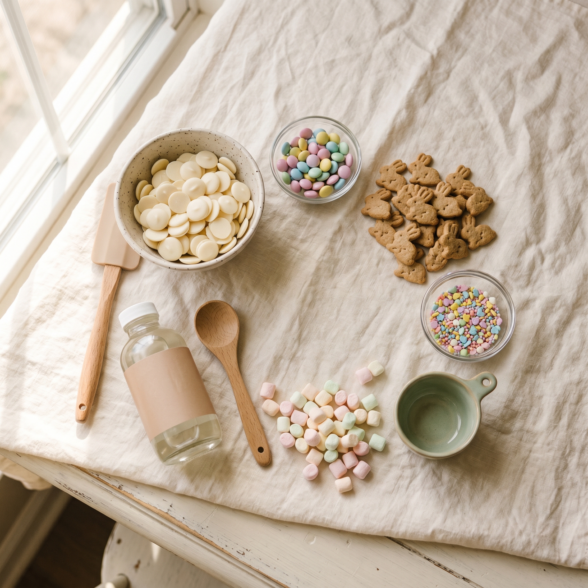 Flat lay of Easter Bunny Bark ingredients: white chocolate wafers, pastel candies, sprinkles