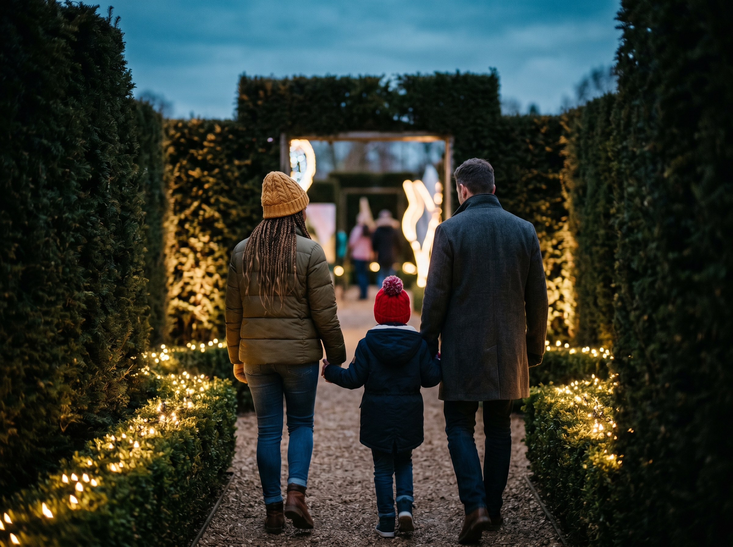 Families walking into a glowing outdoor holiday light display with illuminated pathways ahead