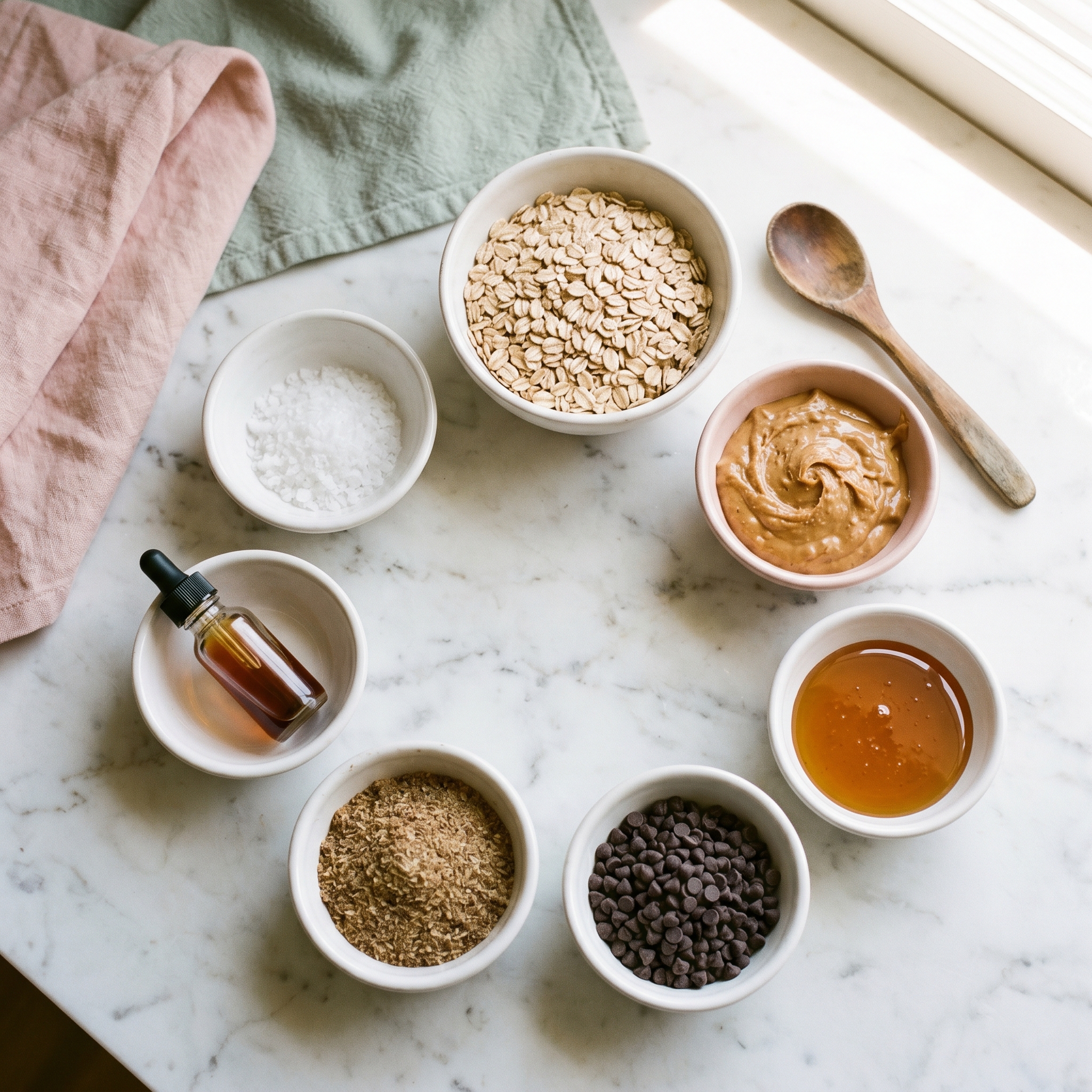Measured ingredients in small bowls: oats, peanut butter, honey, chocolate chips, flaxseed, vanilla, salt on marble