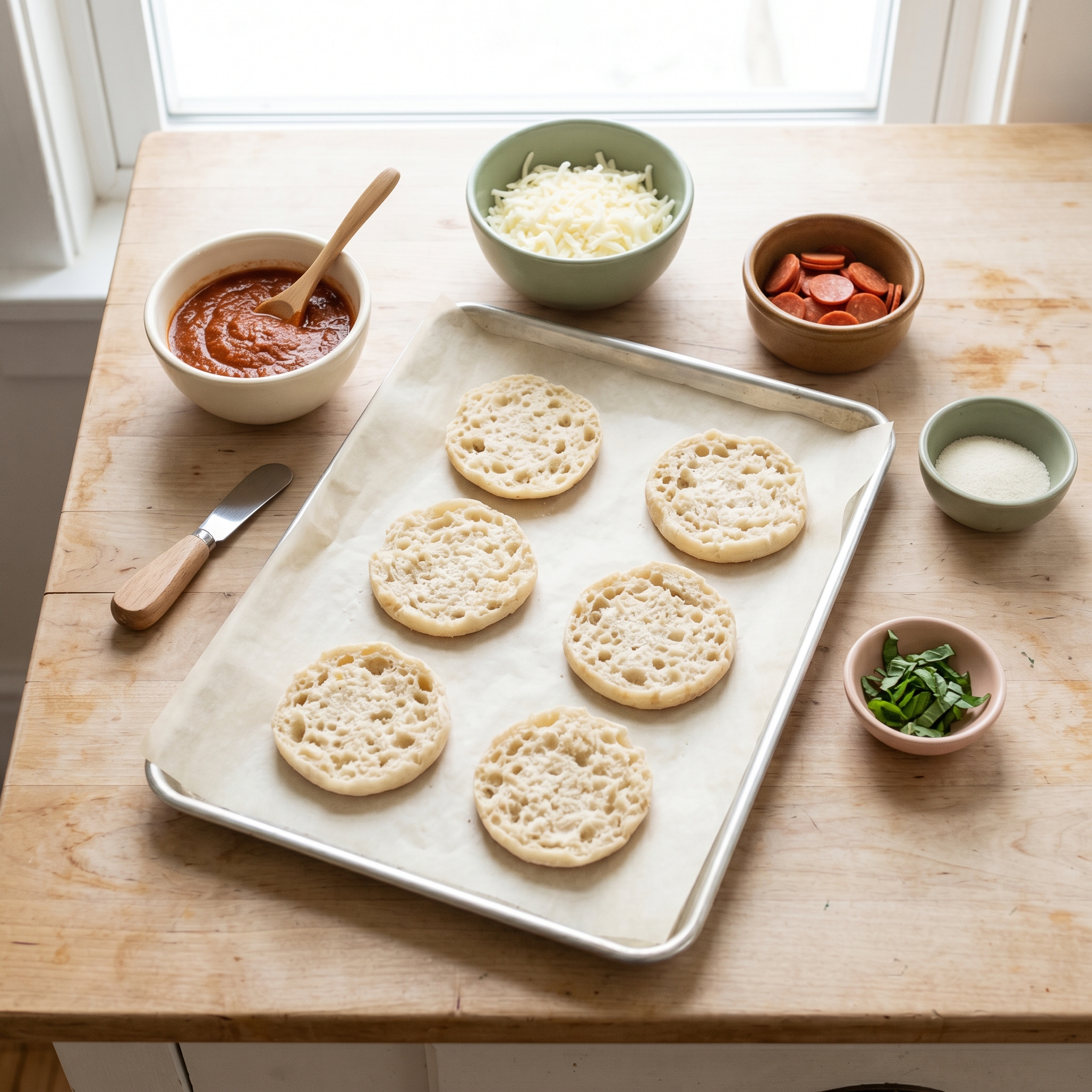 English muffins, pizza sauce, shredded mozzarella, and toppings arranged on a baking sheet ready for assembly