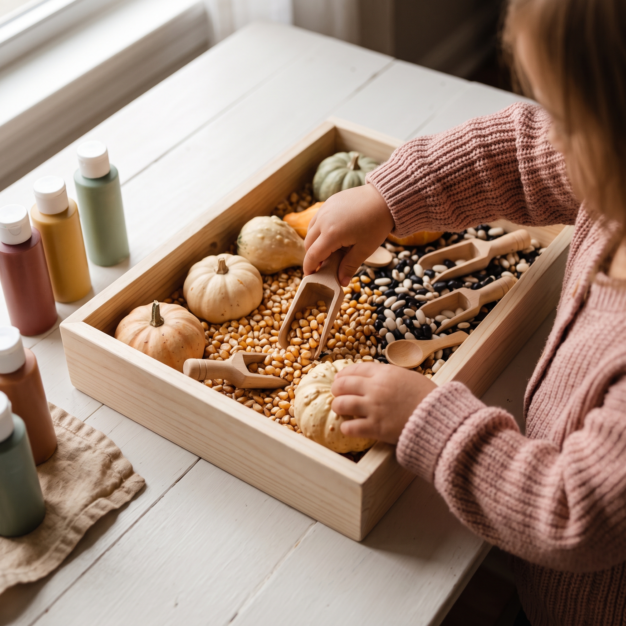 Child's hands reaching into a sensory bin filled with dried corn, small gourds, and colorful fall craft supplies