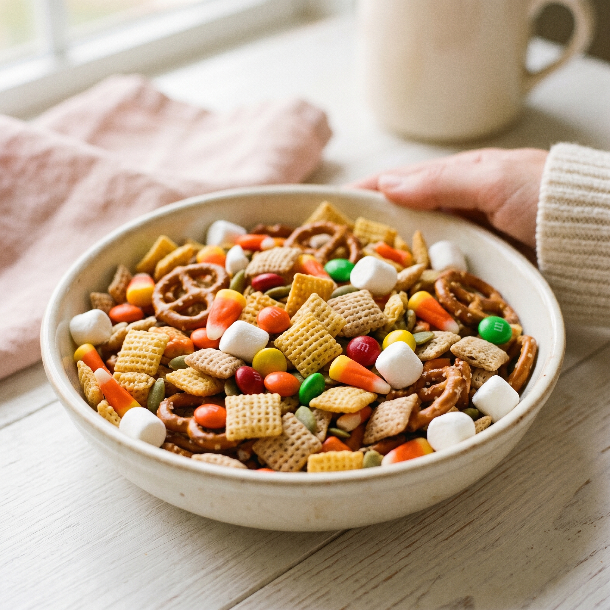 Close-up of fall snack mix showing texture and detail of Chex cereal, pretzels, candy corn, M&Ms, and marshmallows together