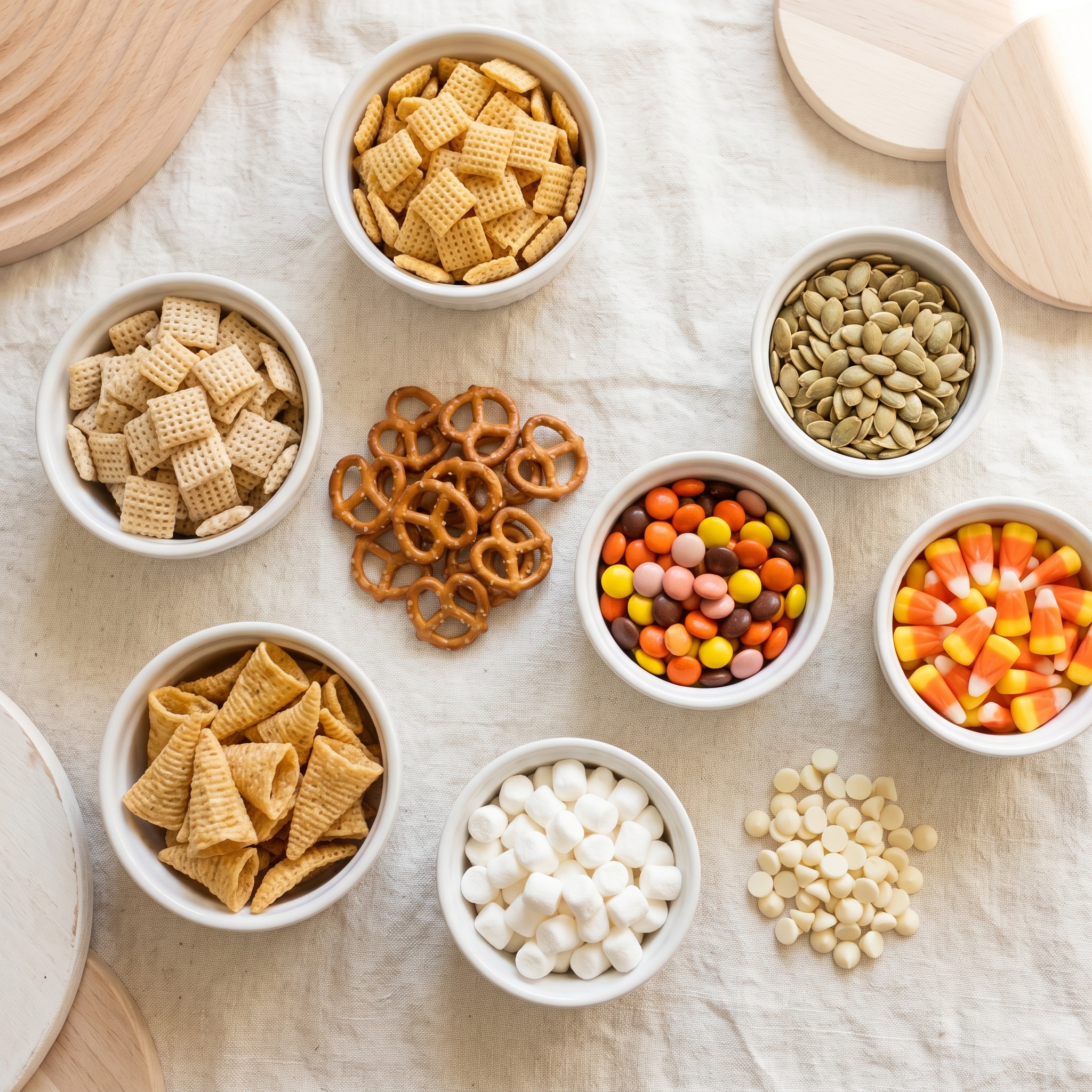Flat-lay of all fall snack mix ingredients arranged separately: Chex cereal, pretzels, pumpkin seeds, candy corn, M&Ms