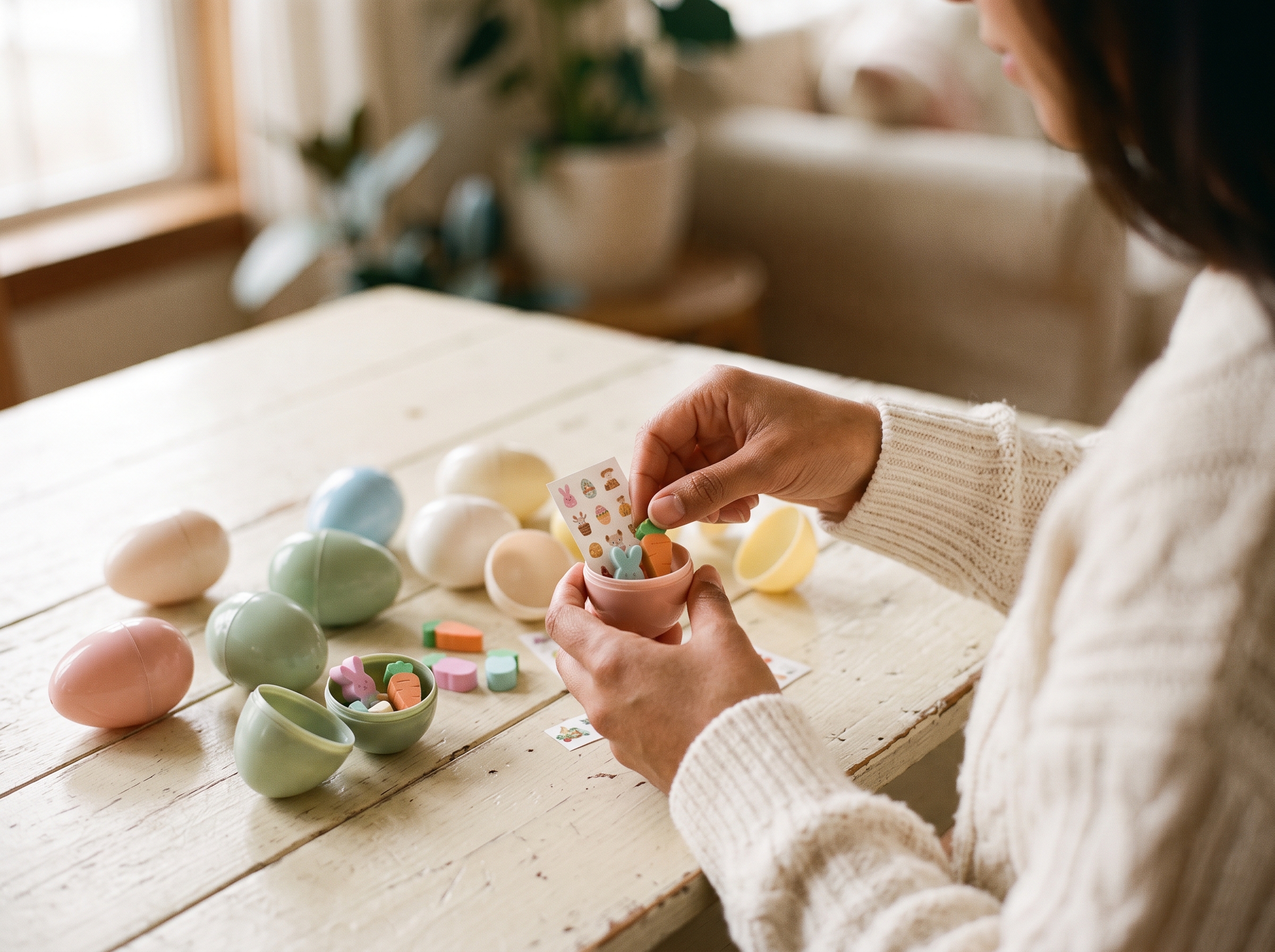 Hands placing small toys and stickers into open plastic Easter eggs on a cream work surface