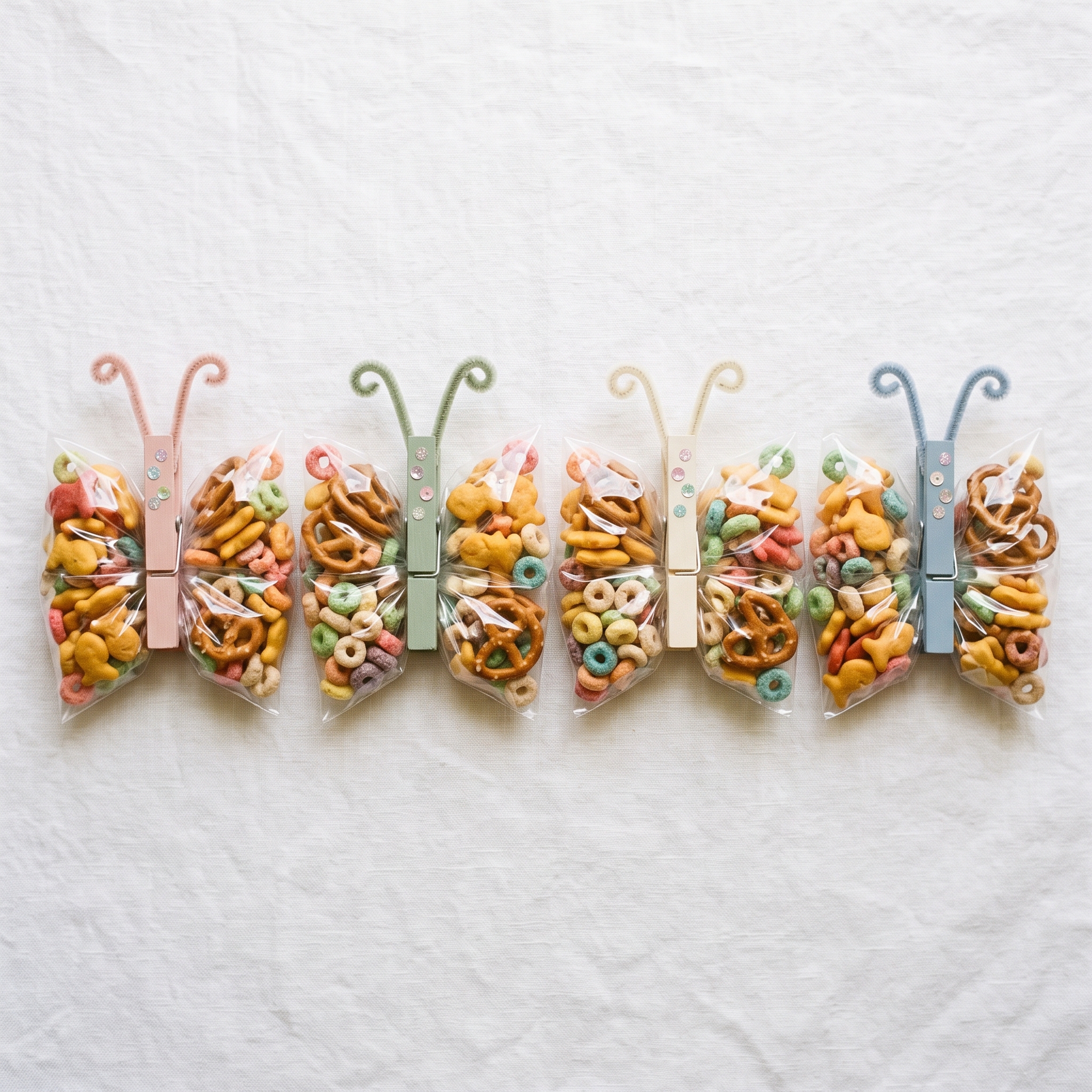 Row of finished butterfly snack bags with colorful clothespins, glittery antennae, and snacks visible through clear wings