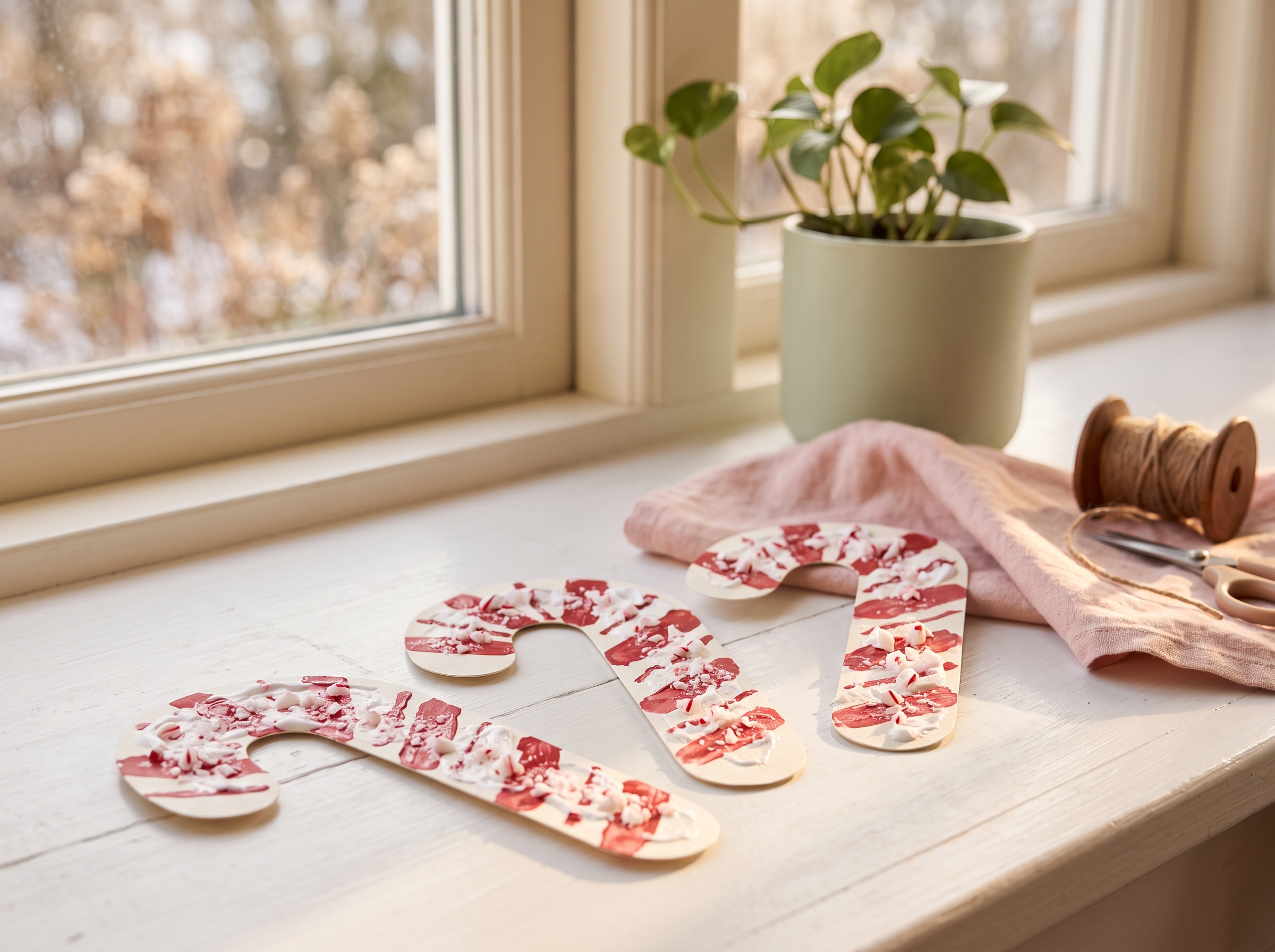 Three finished cardstock candy cane shapes with red and white sensory paint drying on a windowsill in natural light