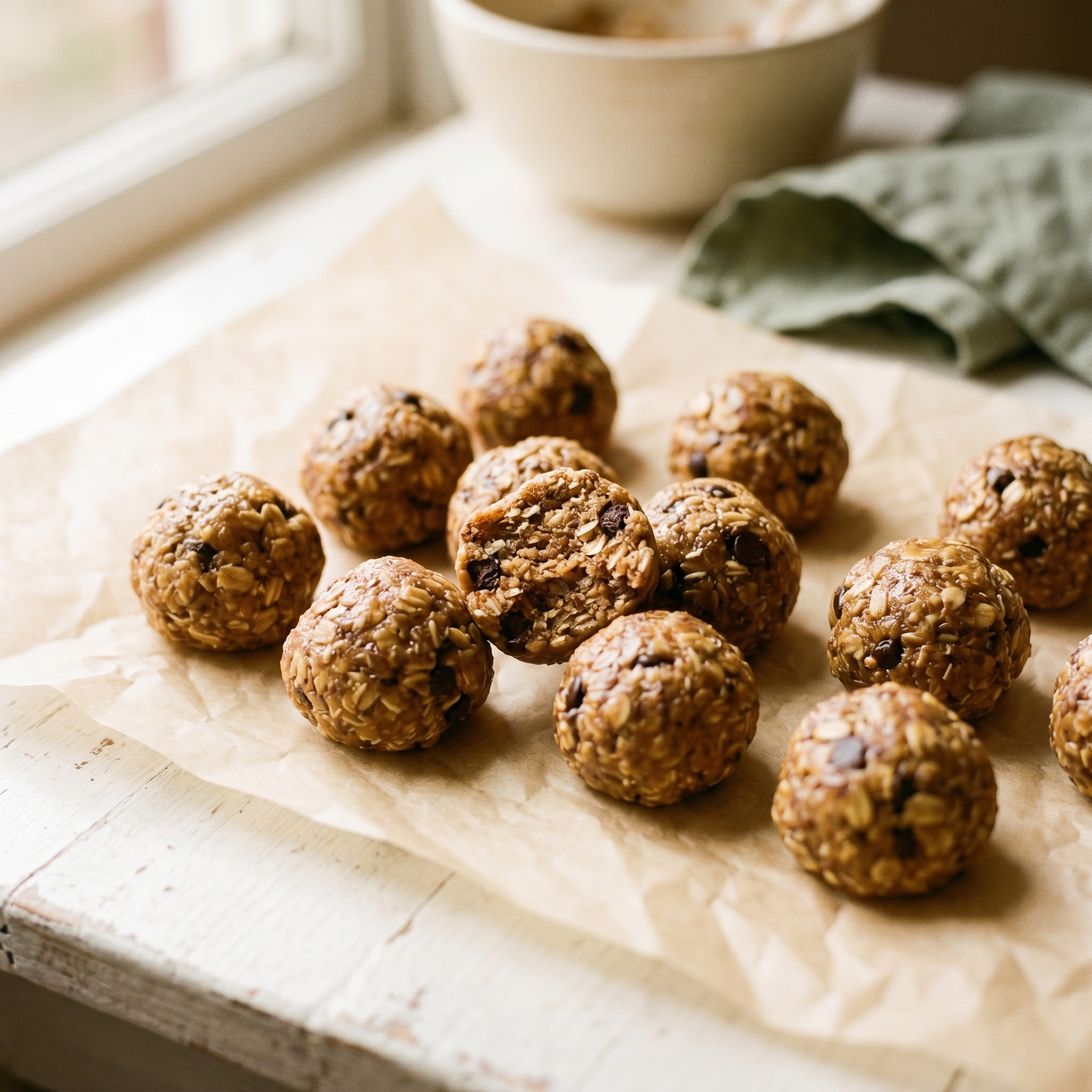 Finished homemade peanut butter oat energy balls arranged on parchment paper with one cut in half showing interior