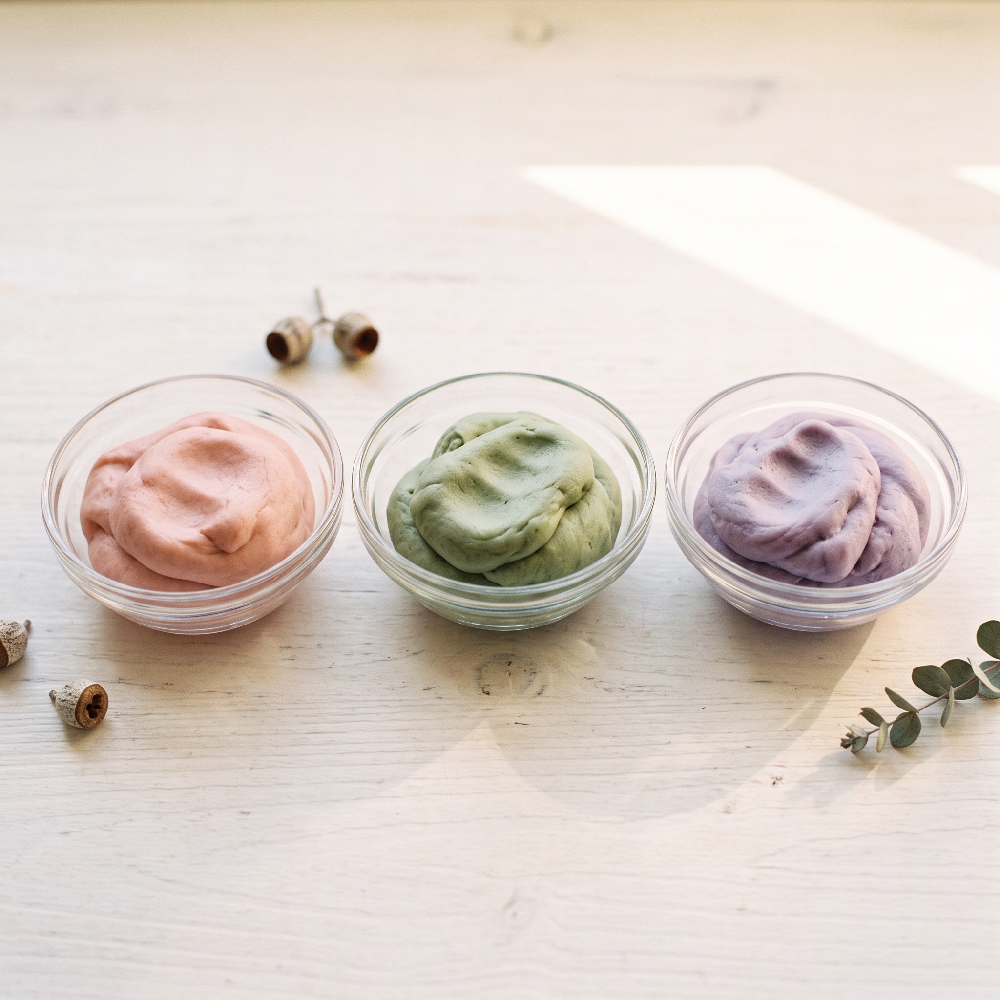 Three small bowls of finished gak in soft pastel colors sitting on a white surface ready for play