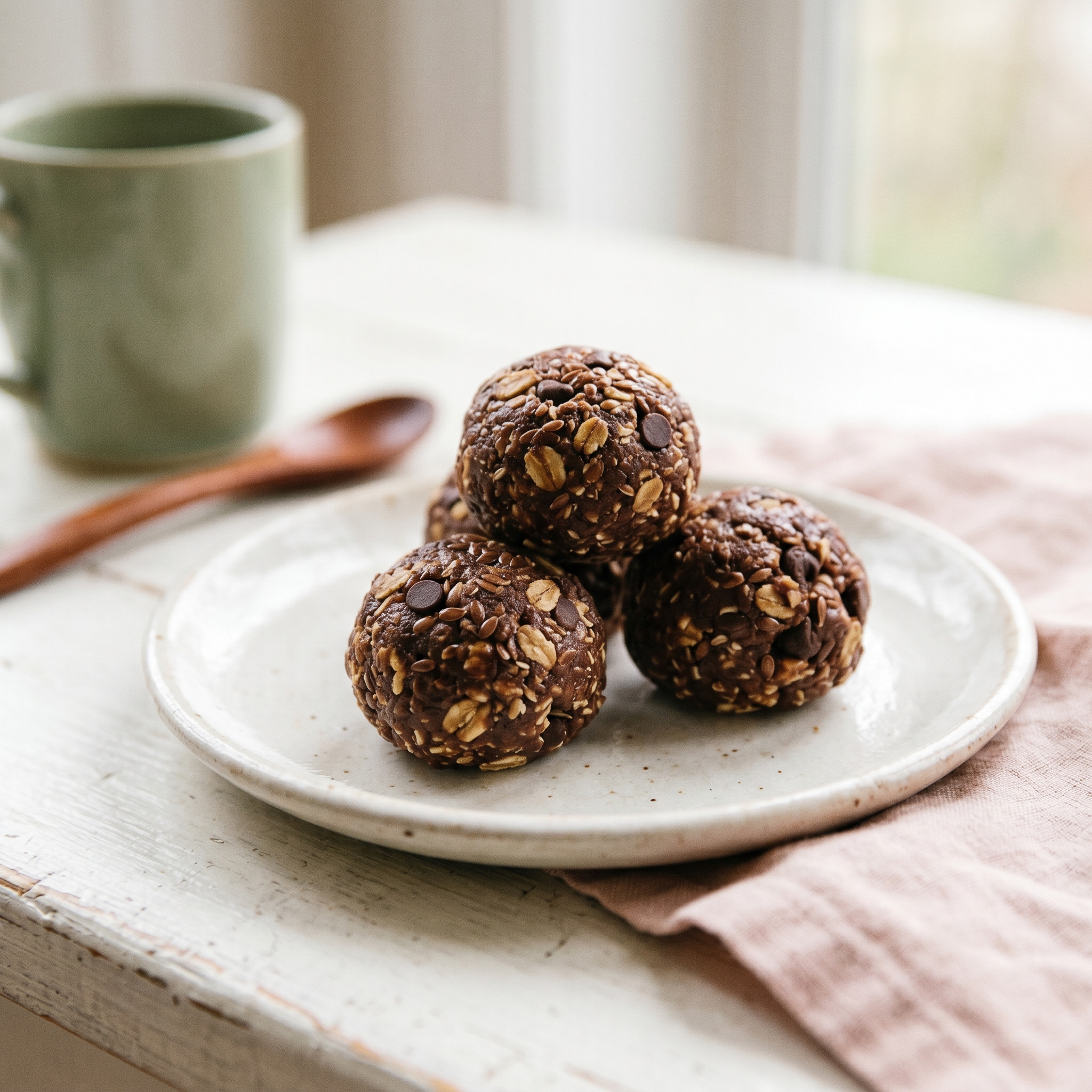 Three no-bake gluten-free snack bites stacked on a white ceramic plate with a soft blurred background