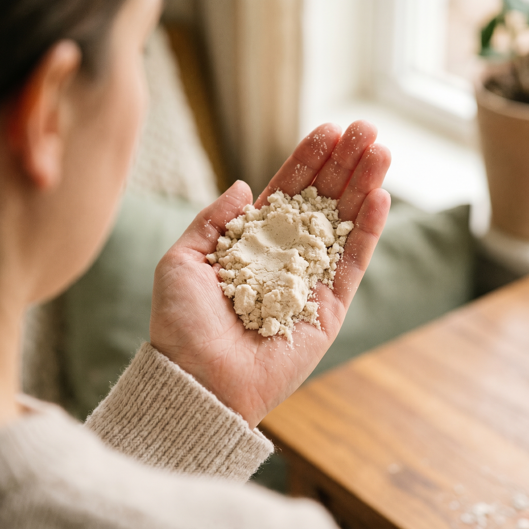 Finished moon sand held in an open palm, showing soft crumbly texture that holds shape