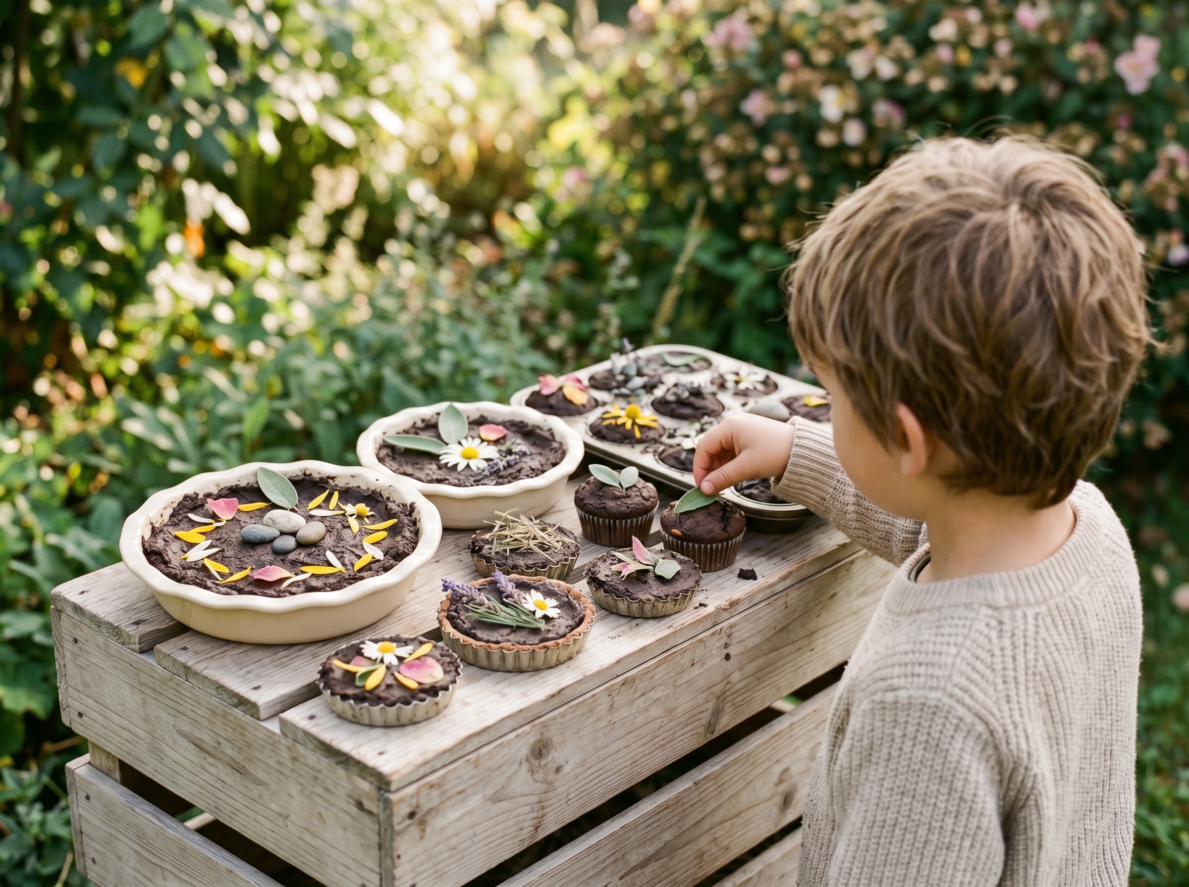 Several decorated mud pies in pie tins and muffin tins arranged on a low wooden crate, garnished with leaves and pebbles