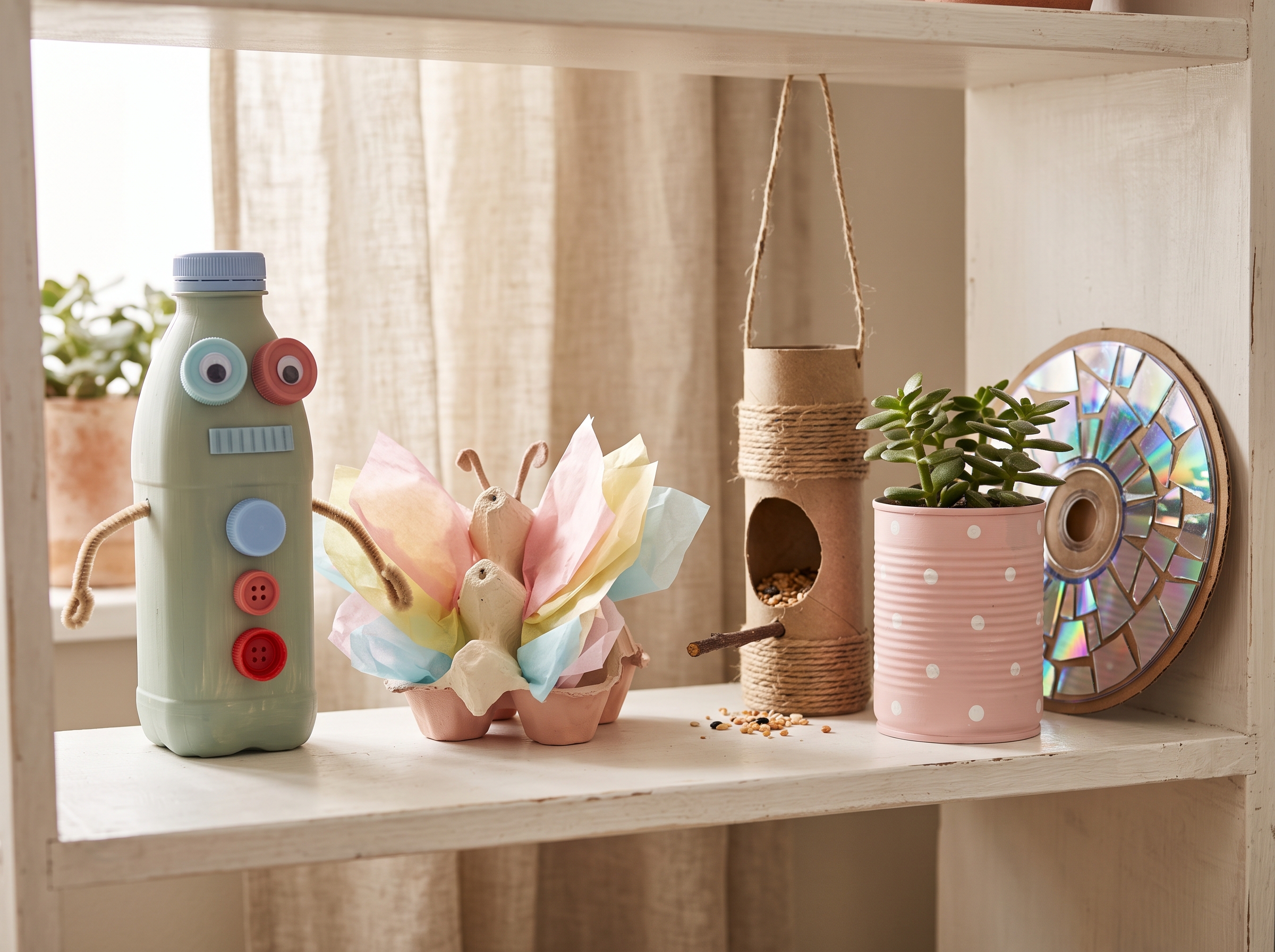 Collection of completed recycled art projects including painted bottle robots, egg carton butterflies