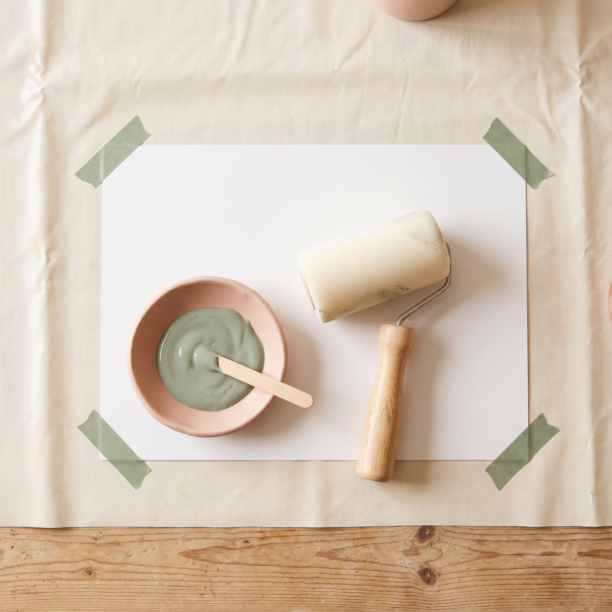 Foam roller dipped in washable paint, ready to roll onto white cardstock taped to a plastic-covered surface