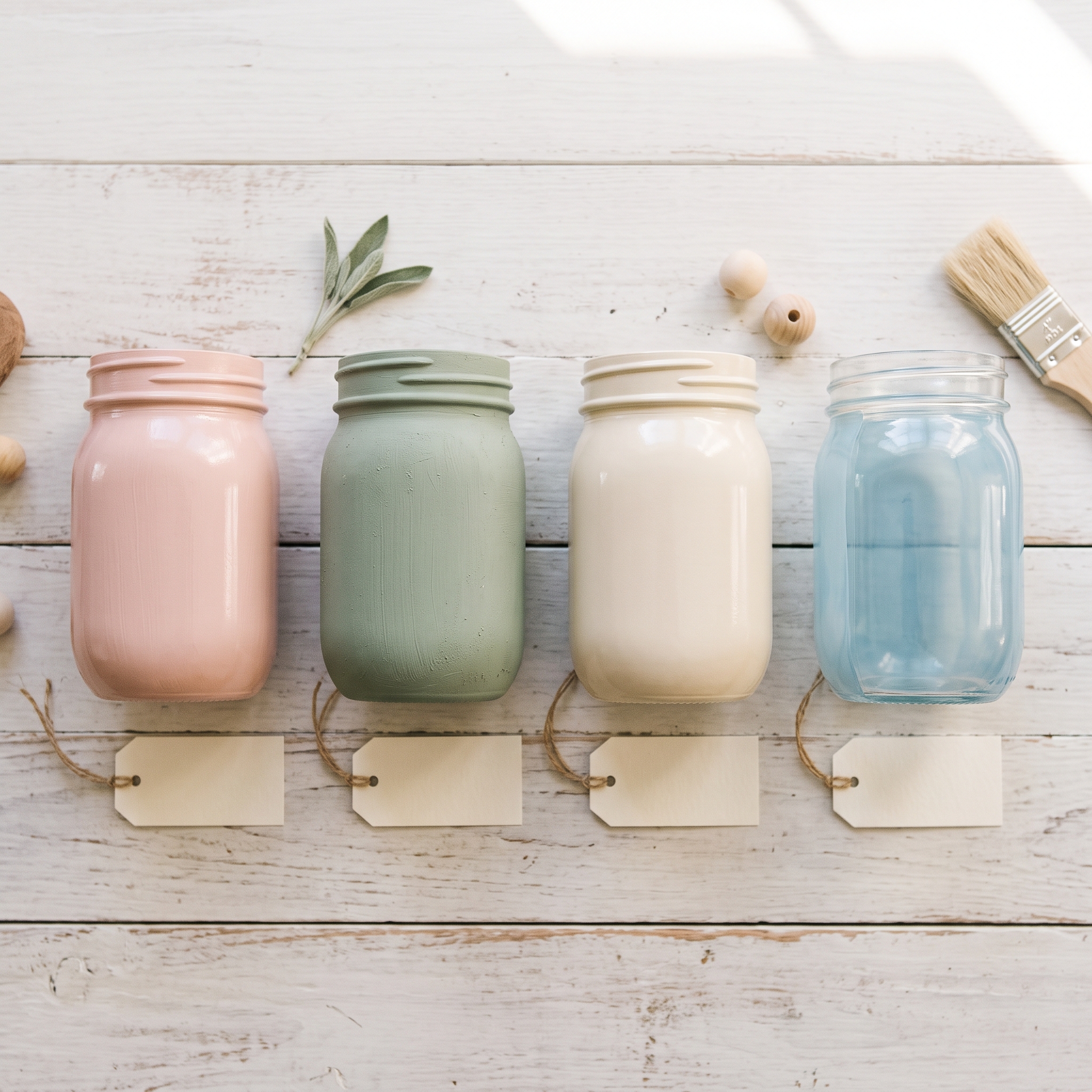 Four painted mason jars in a row showing different finishes: matte acrylic, chalk paint, spray paint