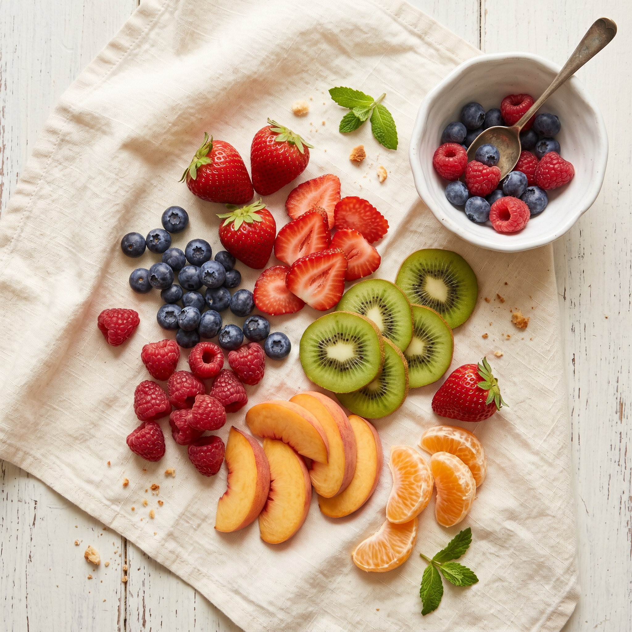 Assorted fresh fruit arranged on a cream-colored surface including strawberries, blueberries, raspberries, kiwi