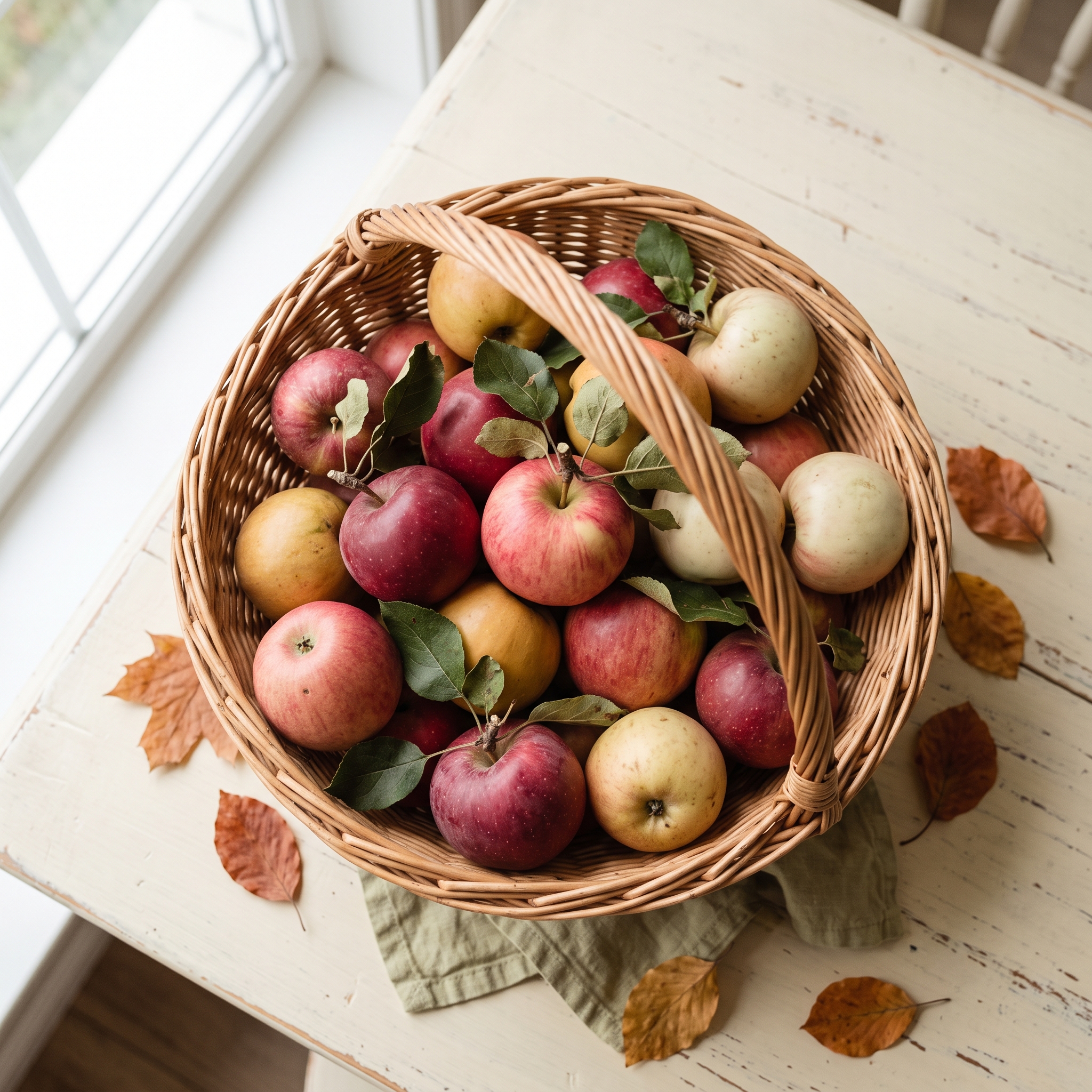 Basket overflowing with freshly picked red and golden apples on a wooden surface with autumn leaves
