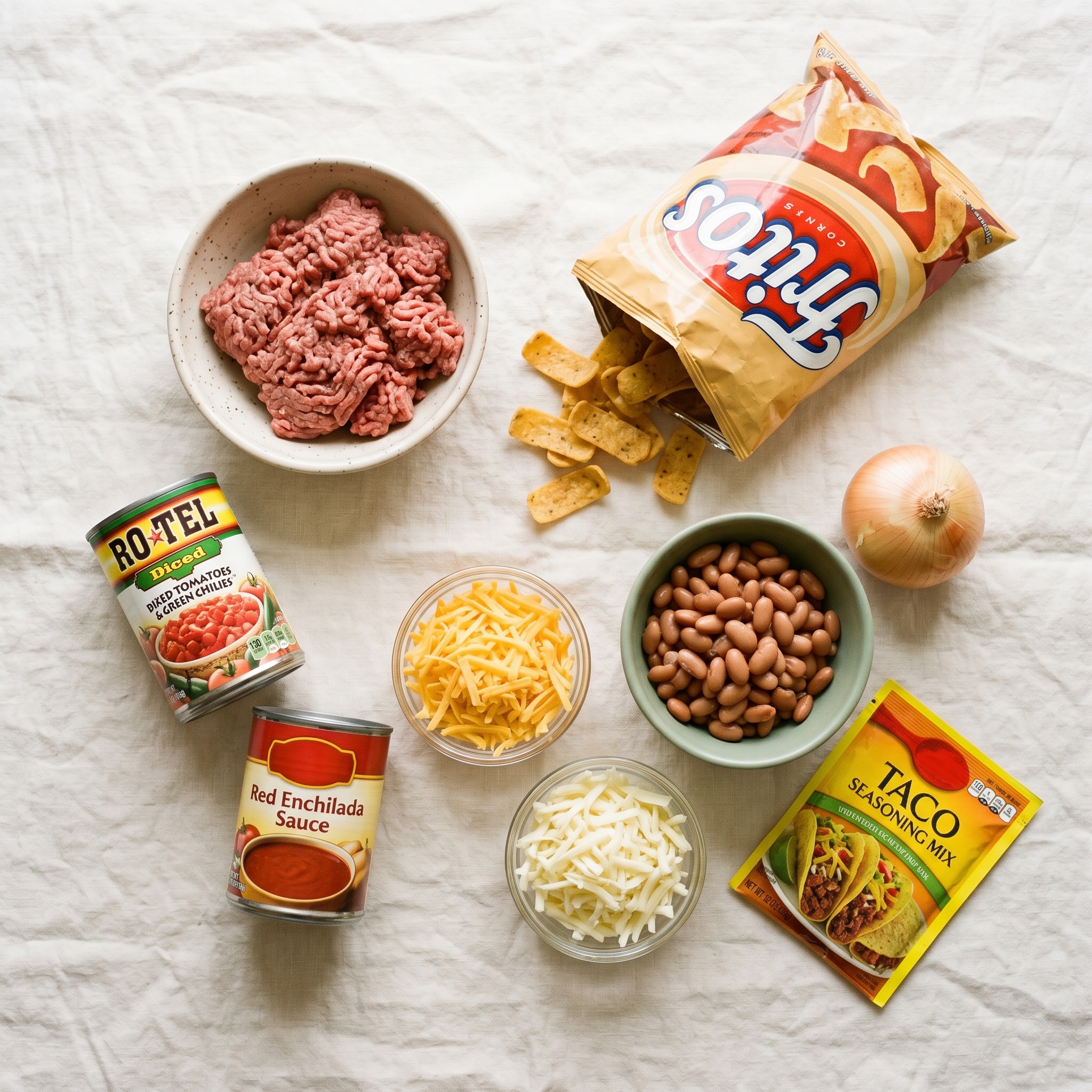 Flatlay of frito pie ingredients including ground beef, Fritos bag, canned beans, enchilada sauce, and shredded cheese