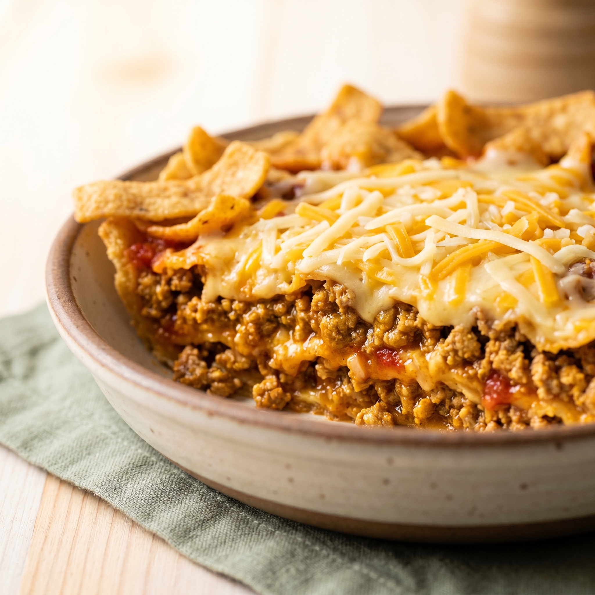 Close-up of frito pie layers showing seasoned ground beef, melted cheese, and crispy Fritos corn chips