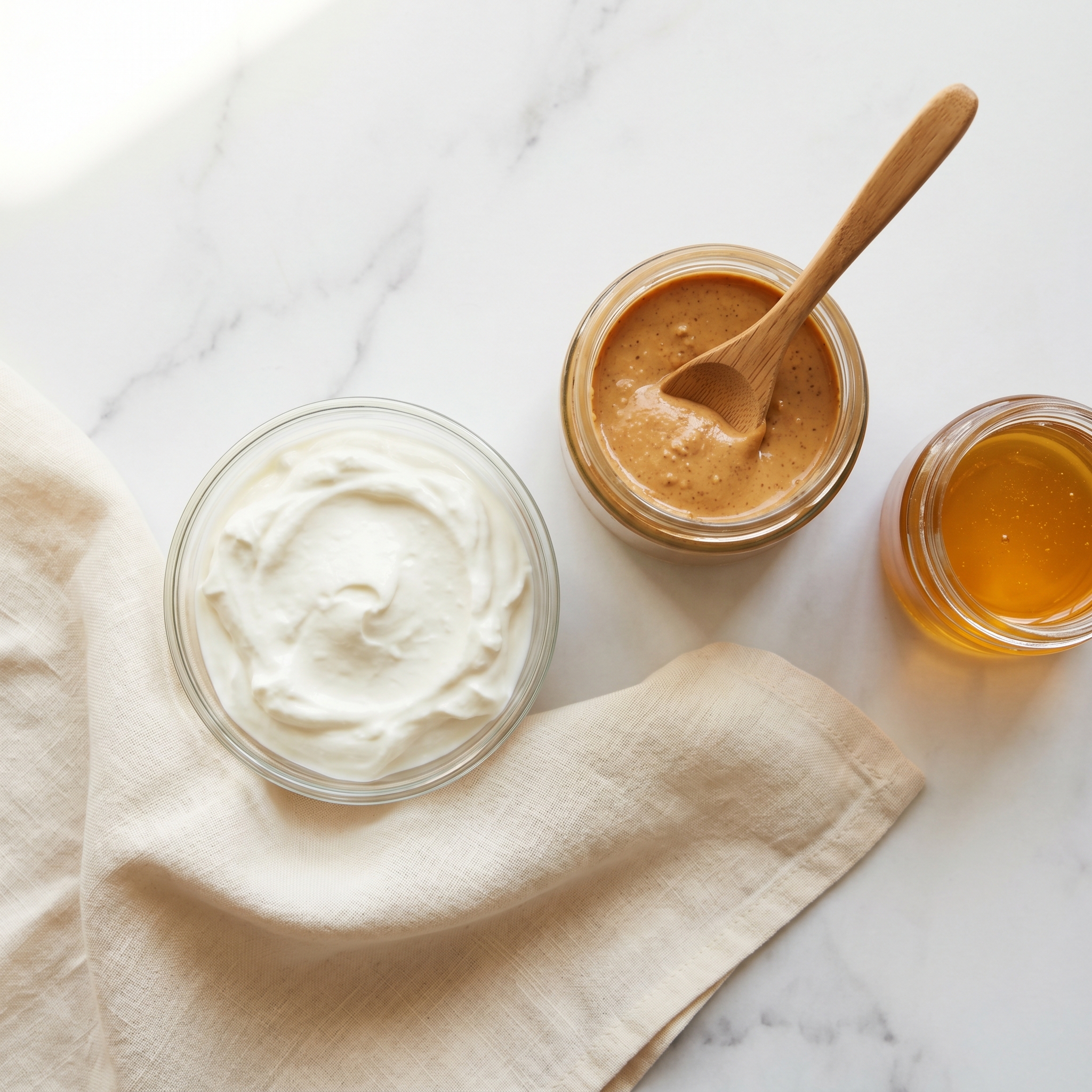 Three ingredients for frozen yogurt bites: Greek yogurt in glass bowl, peanut butter jar with spoon, honey jar on marble