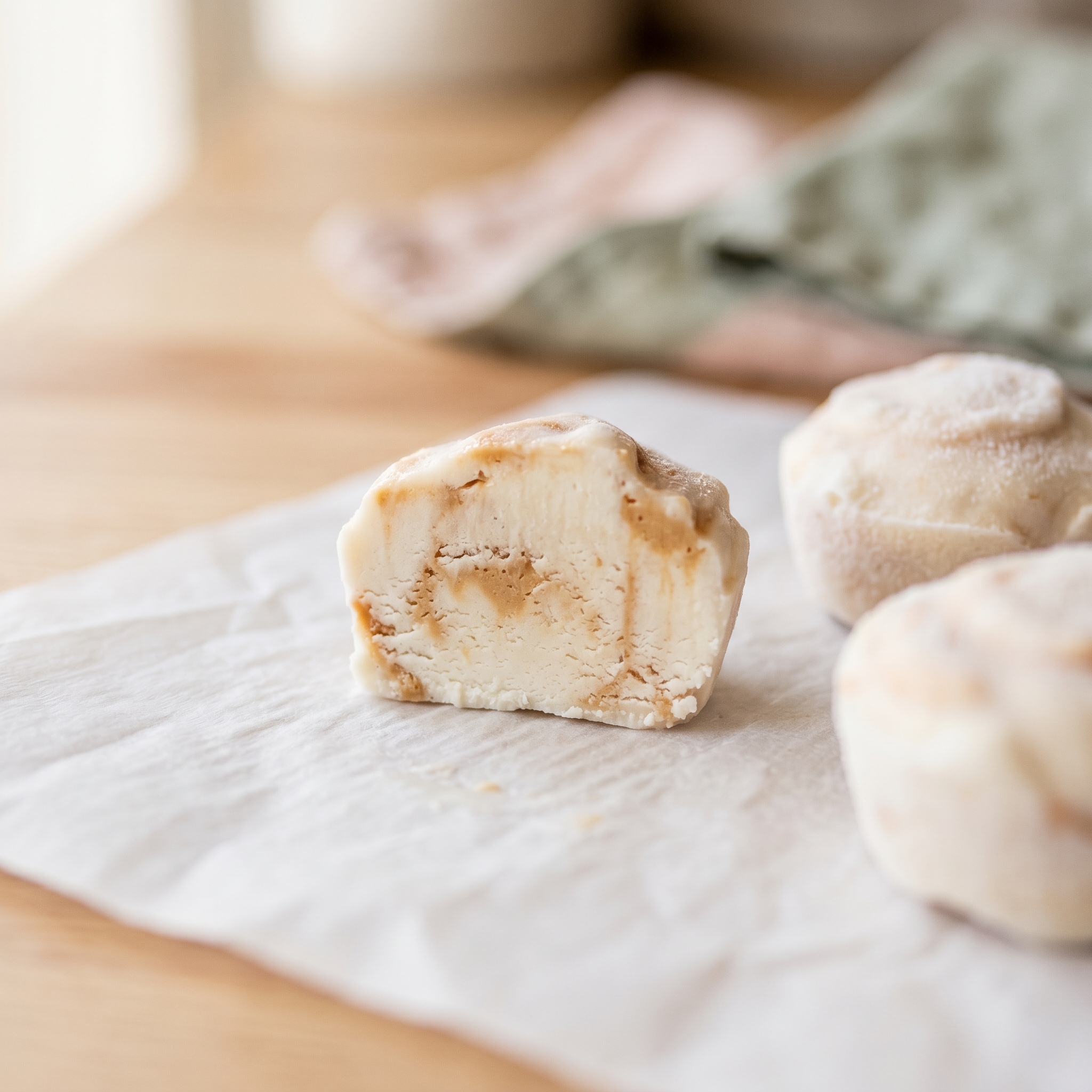 Sliced frozen yogurt peanut butter bite showing creamy pale interior texture