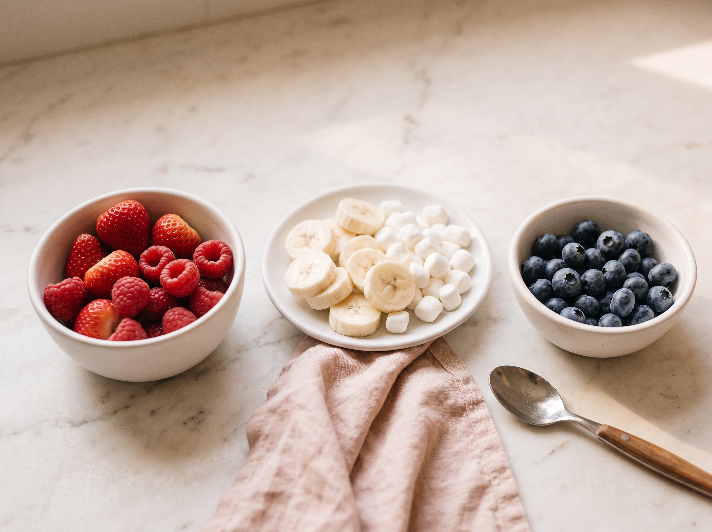 Red strawberries and raspberries, white banana slices and marshmallows, and blueberries grouped separately on a white surface