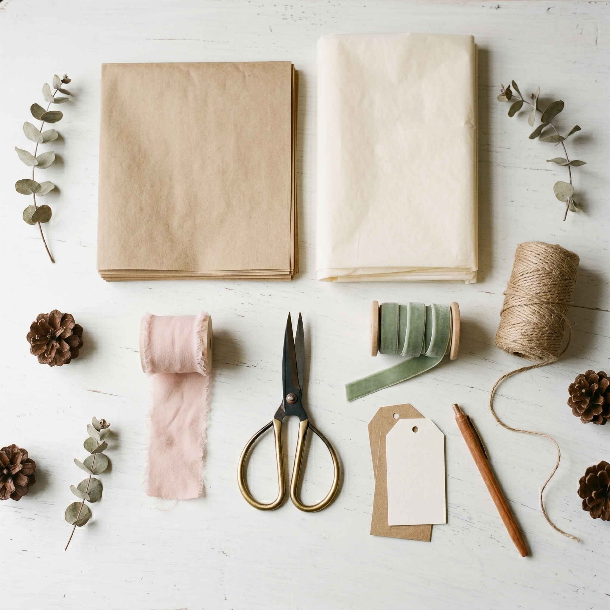 Gift wrapping materials arranged on white surface: kraft paper, twine, scissors, handwritten tags, and ribbon