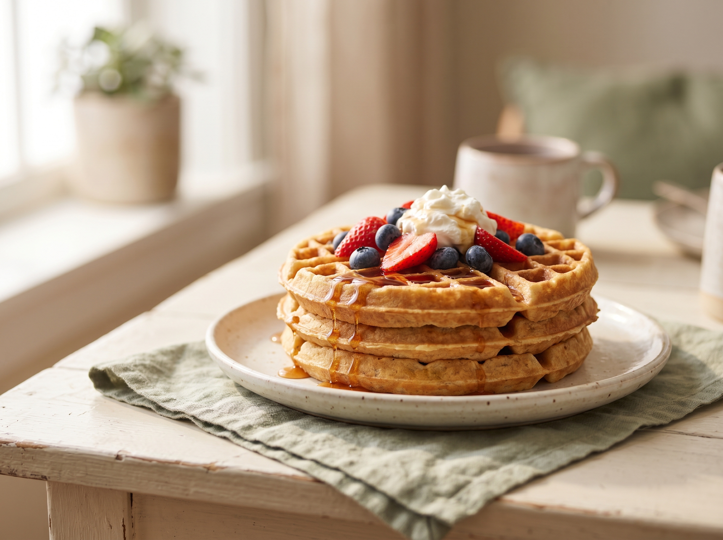 Close-up of a stack of golden Belgian waffles topped with fresh berries, whipped cream, and a drizzle of maple syrup