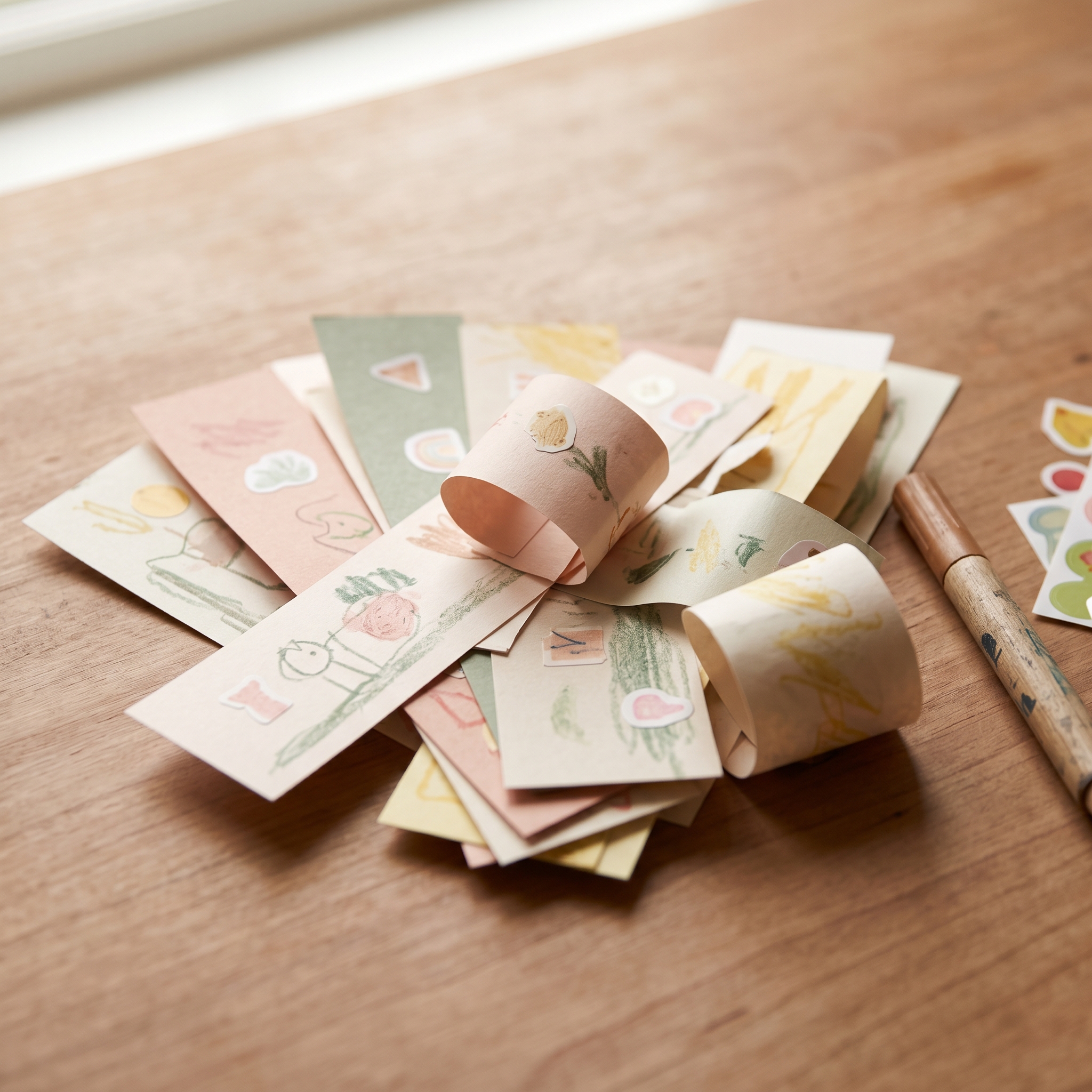Decorated paper strips with drawings and stickers ready to be placed in a gratitude jar