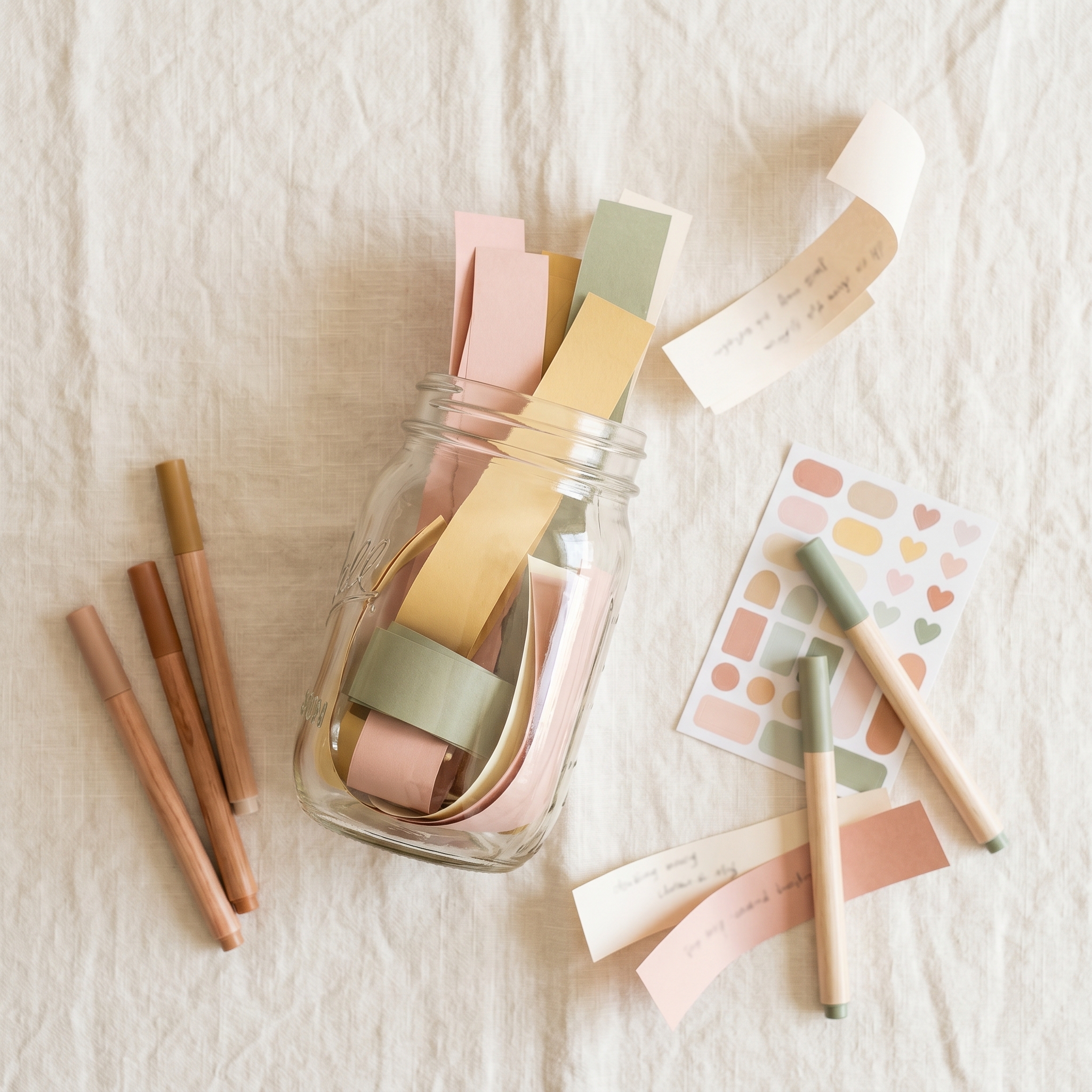 Mason jar with colorful paper strips, markers, and stickers on a cream linen surface